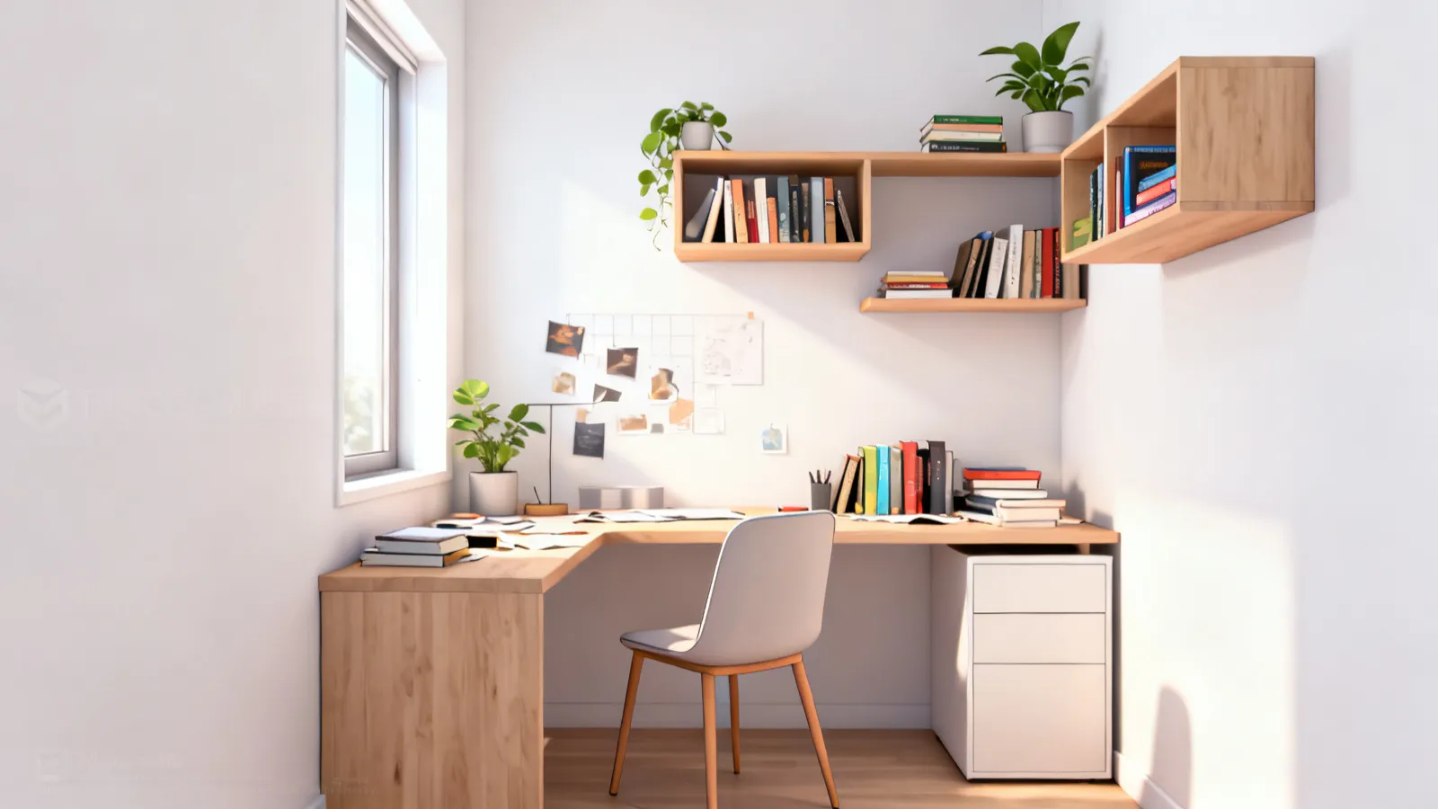 Compact L shaped desk with open shelves in a small office