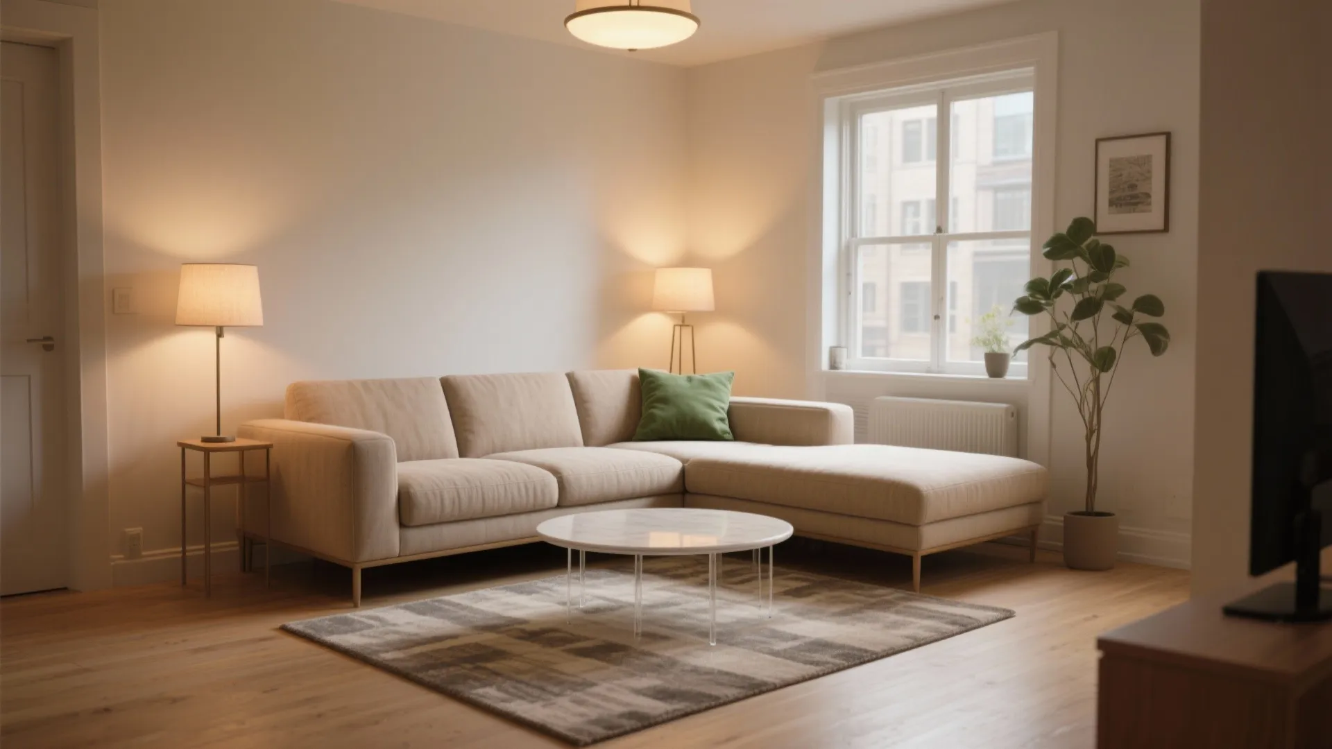 Modern living room featuring a beige sofa coffee table green pillow warm lamps and white windows