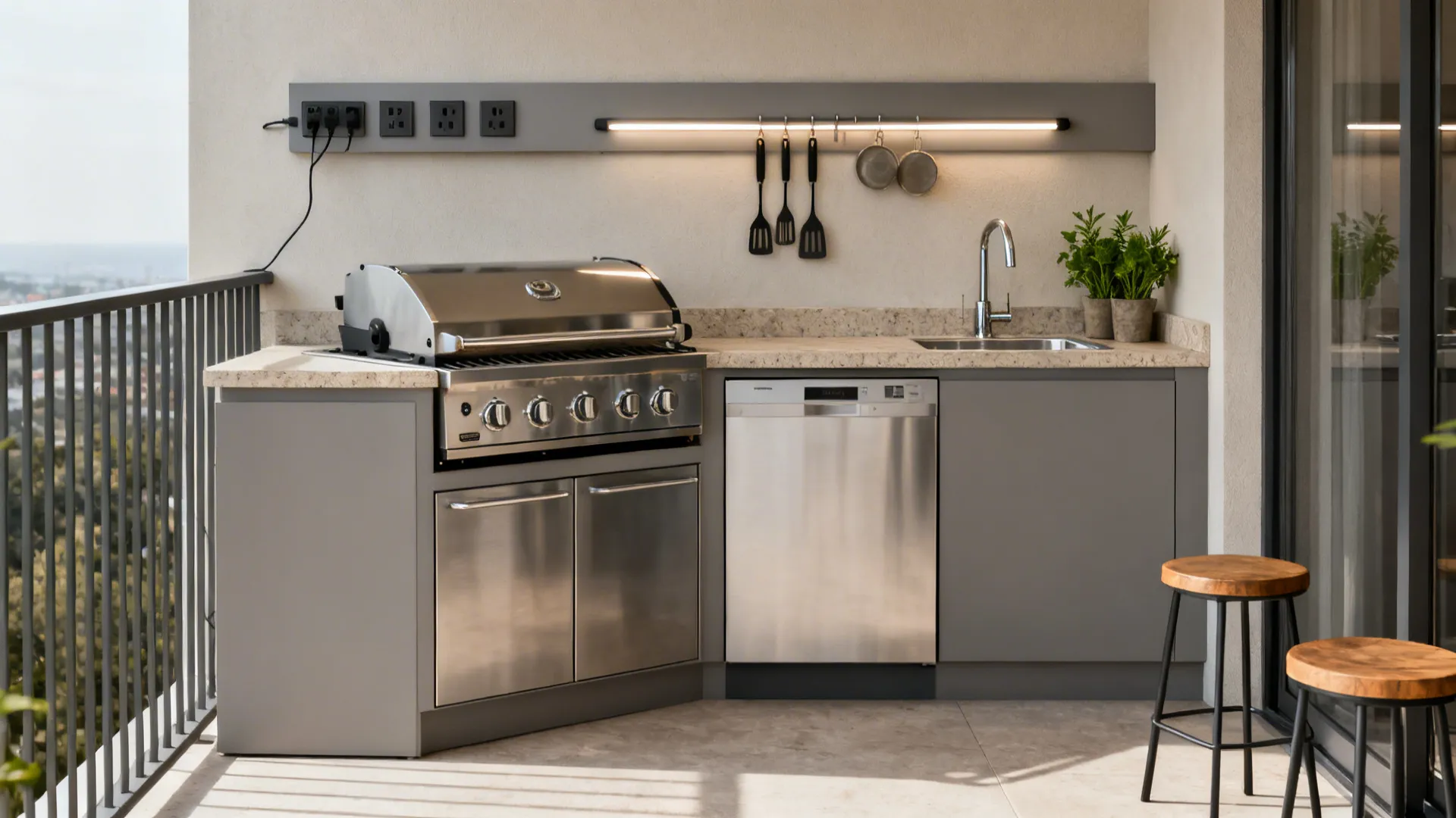 Compact L-shaped outdoor kitchen with a utility spine for power, lighting, and tool hooks.