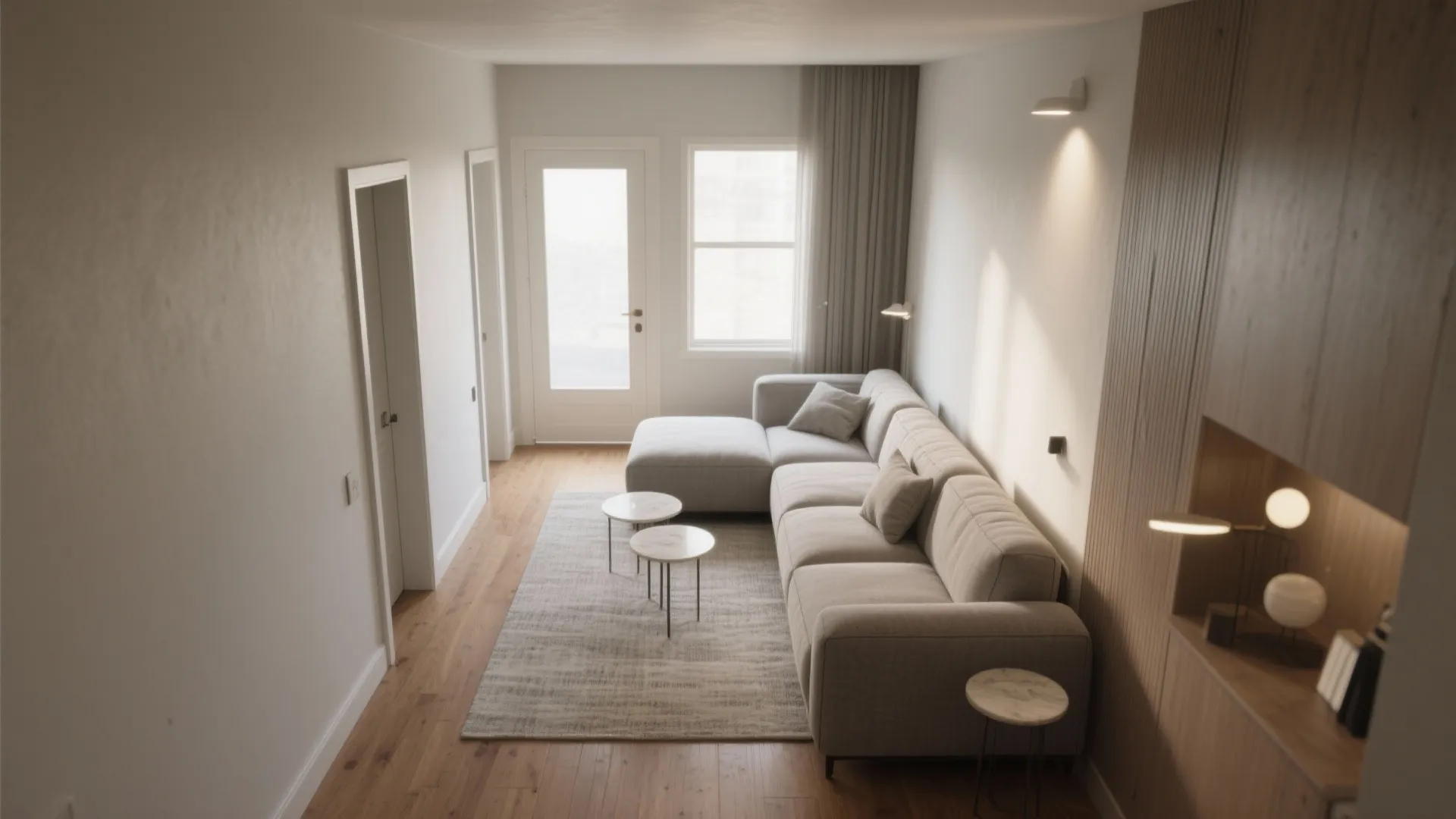 Top-down view of a compact L-shaped sectional hugging two walls, with an open center and a clear path for circulation.