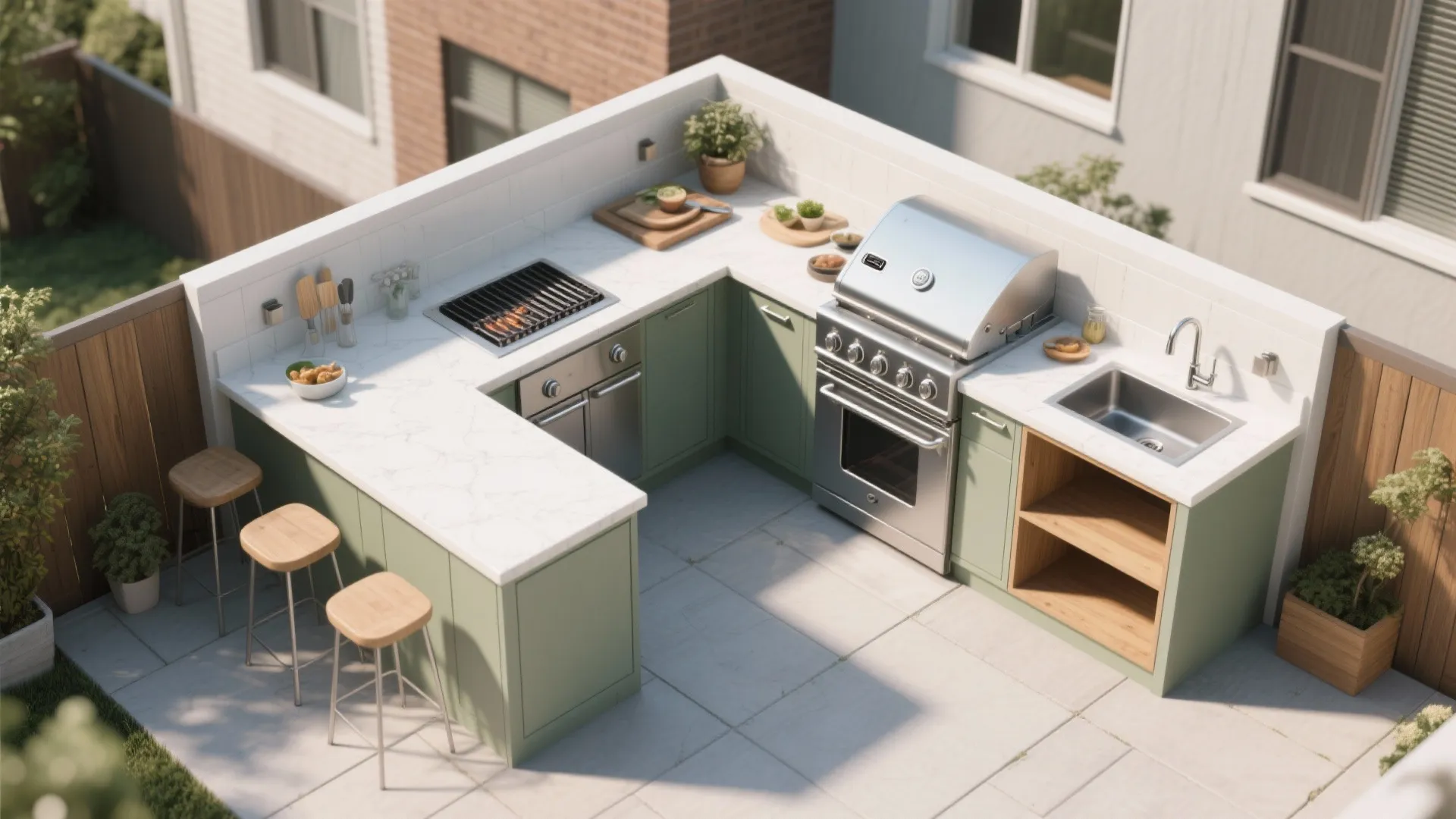 Small outdoor patio layout featuring green u shaped kitchen cabinets white countertop grill and wood stools