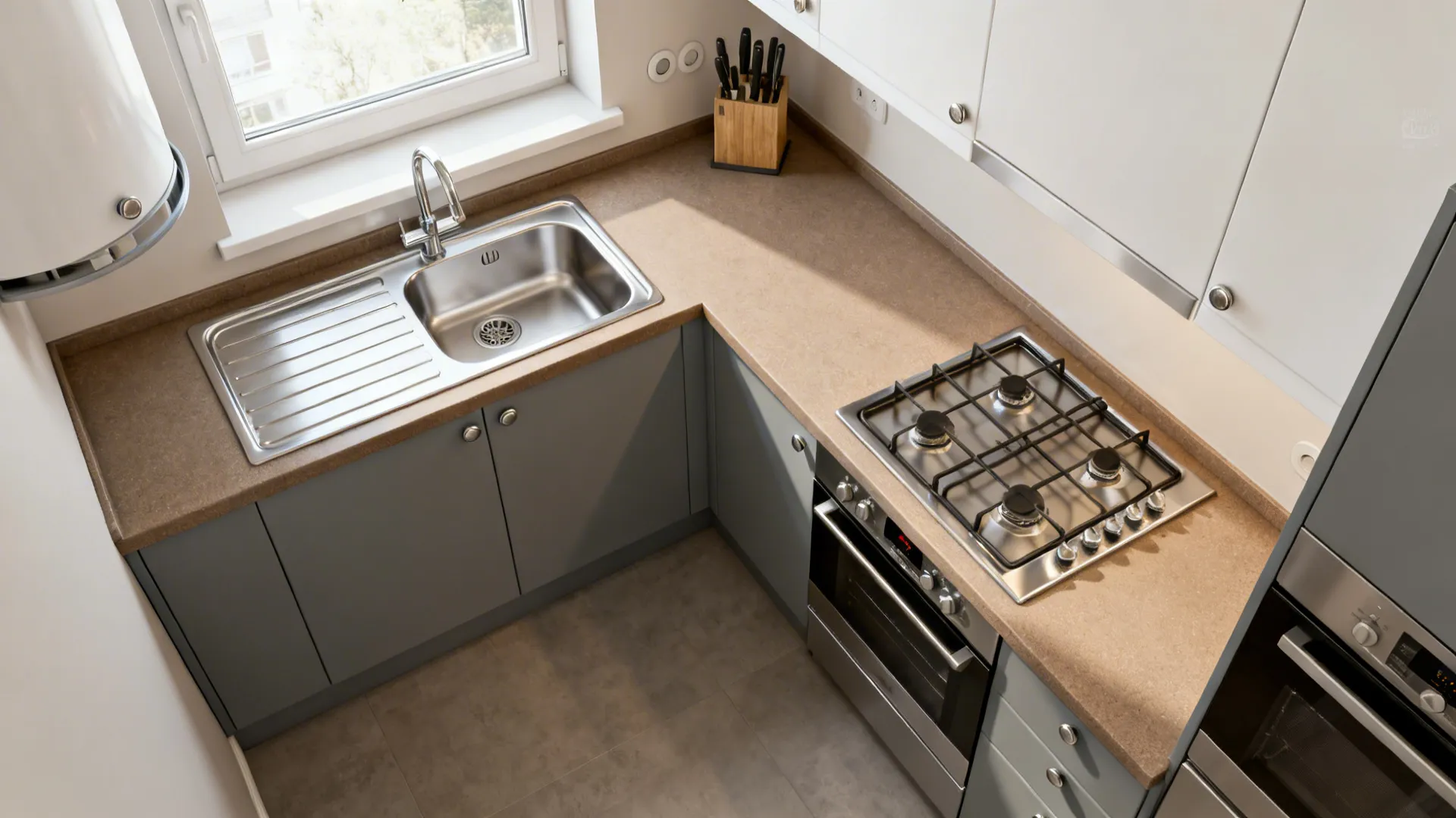 Top-down view of a compact L-shaped small kitchen showing efficient prep–cook–clean flow.