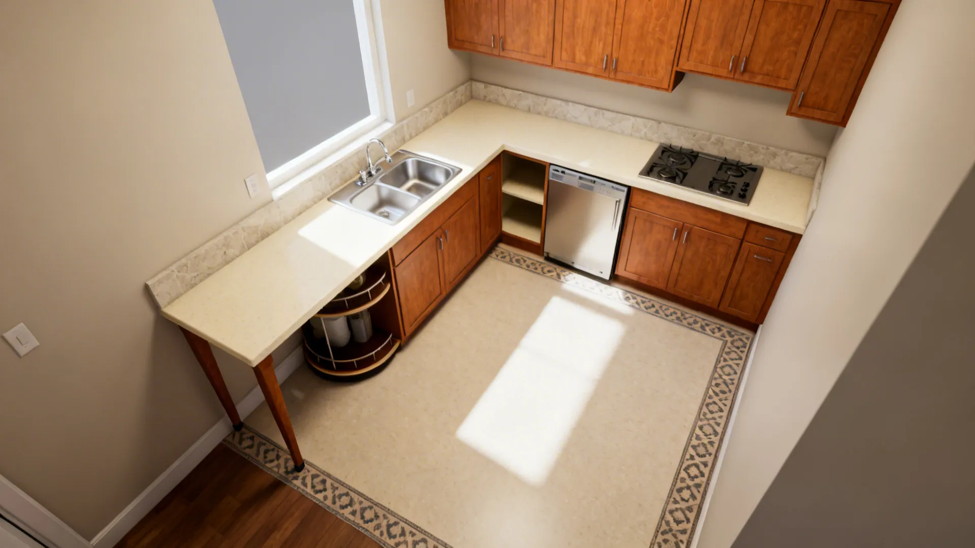 Top-down view of a compact L-shaped kitchen with smart storage and clearances.