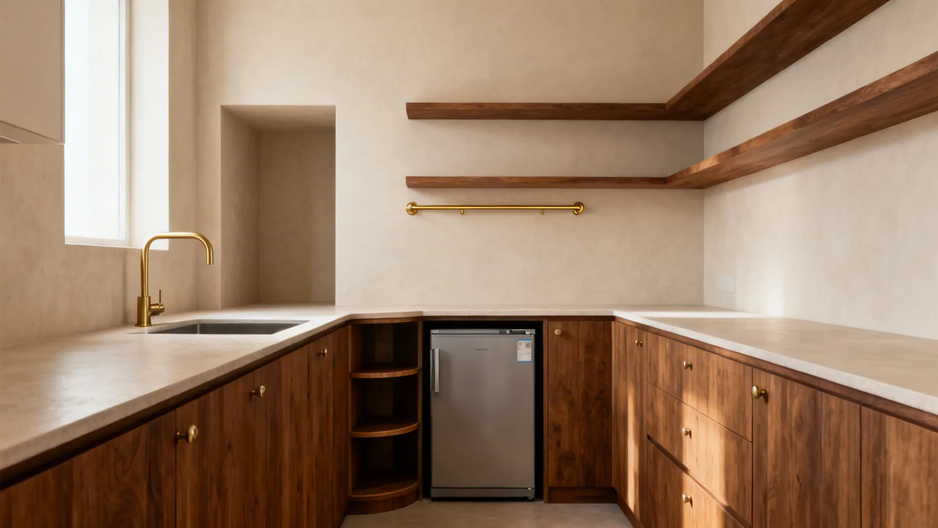Compact L-shaped kitchen with recessed fridge, corner storage, and warm wood finishes.