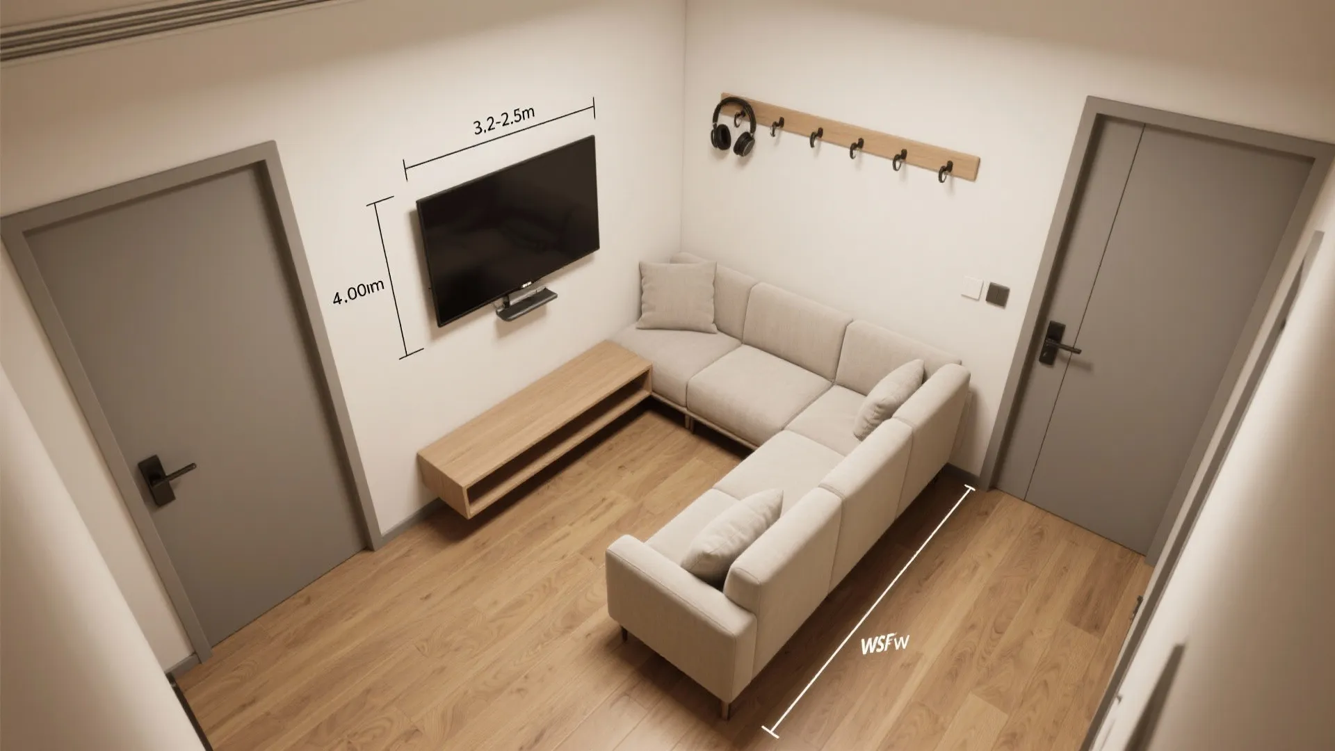 Top-down layout of an L-shaped seating zone with clear paths and TV sightlines.
