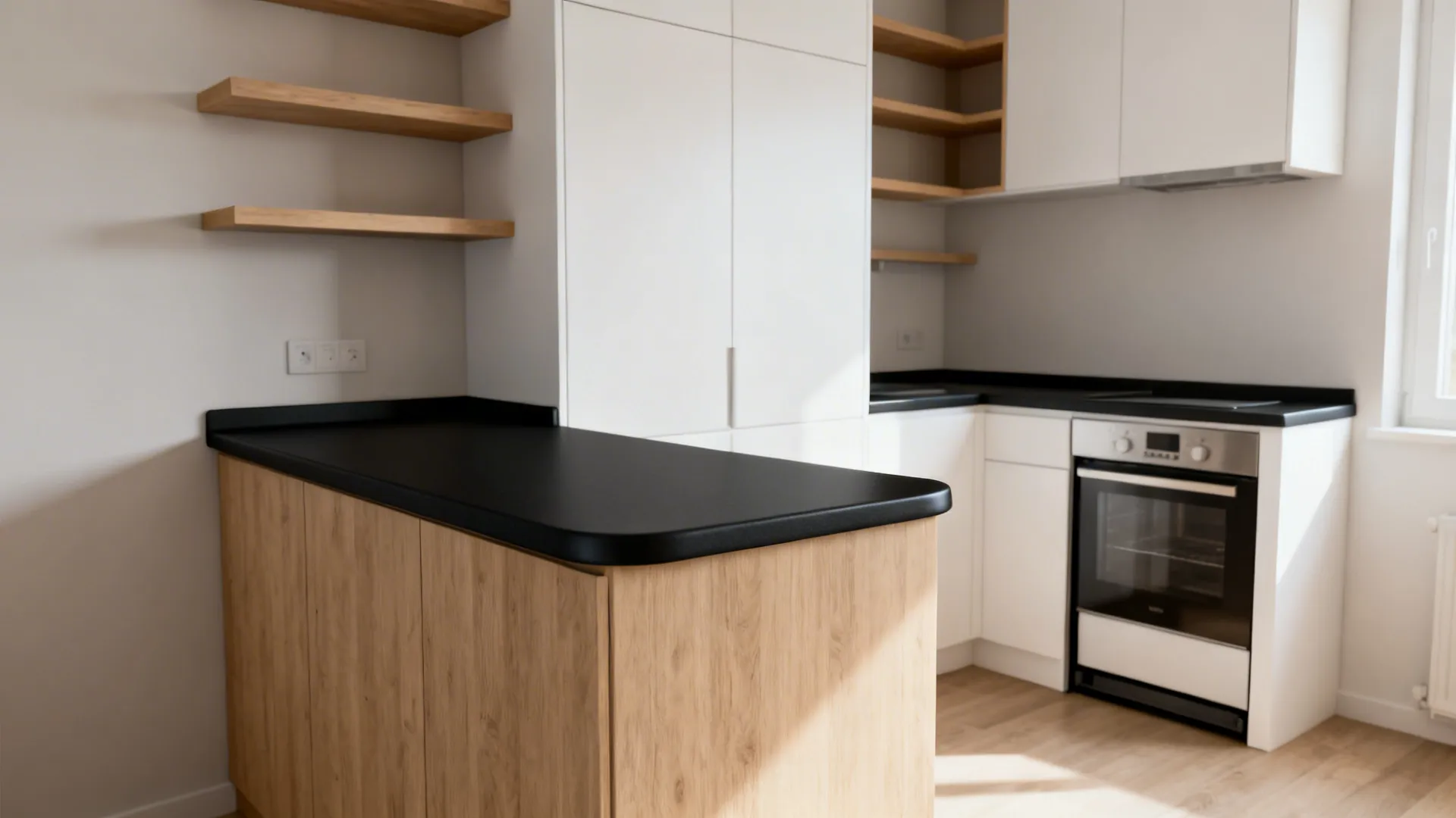 Modern kitchen with white cabinets black countertop wooden island open shelves oven and light wood flooring