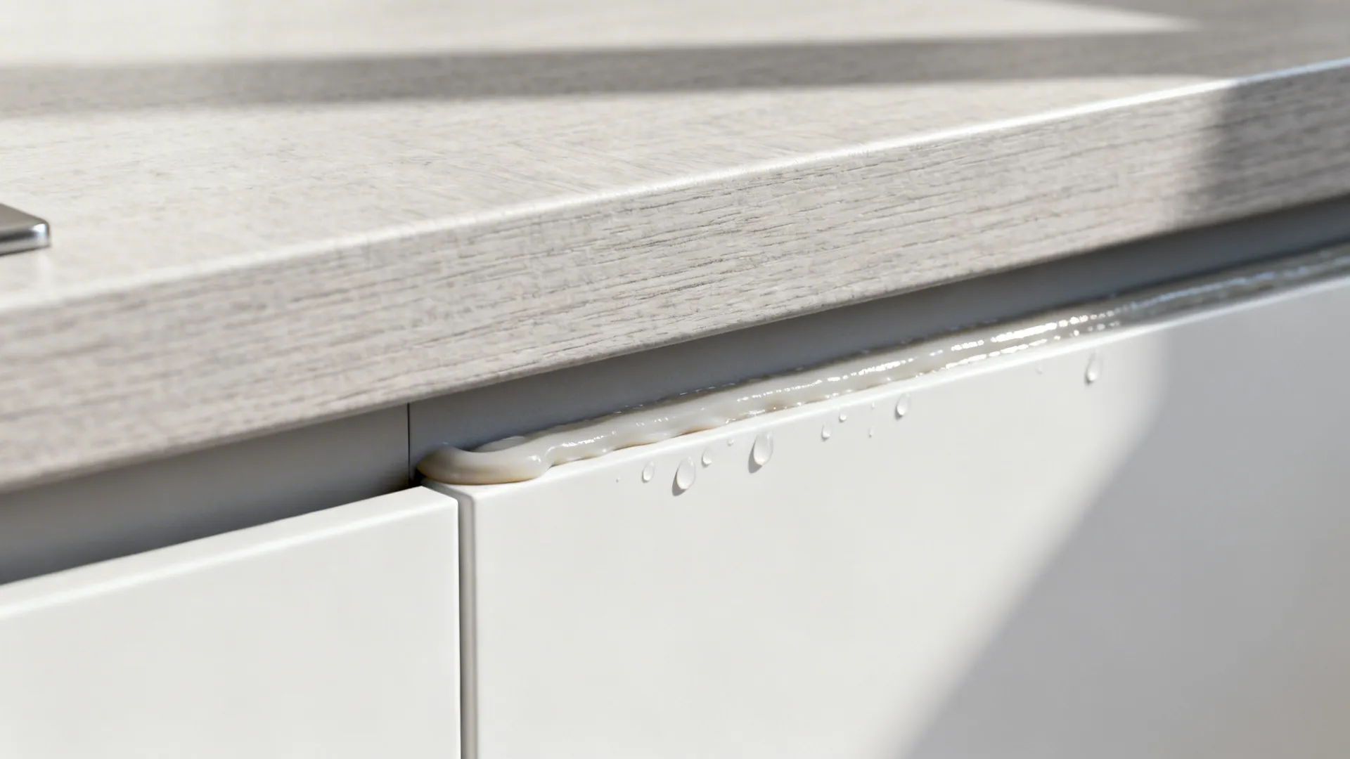 Macro of slim compact laminate countertop with shadowline and clean silicone around a sink cutout.