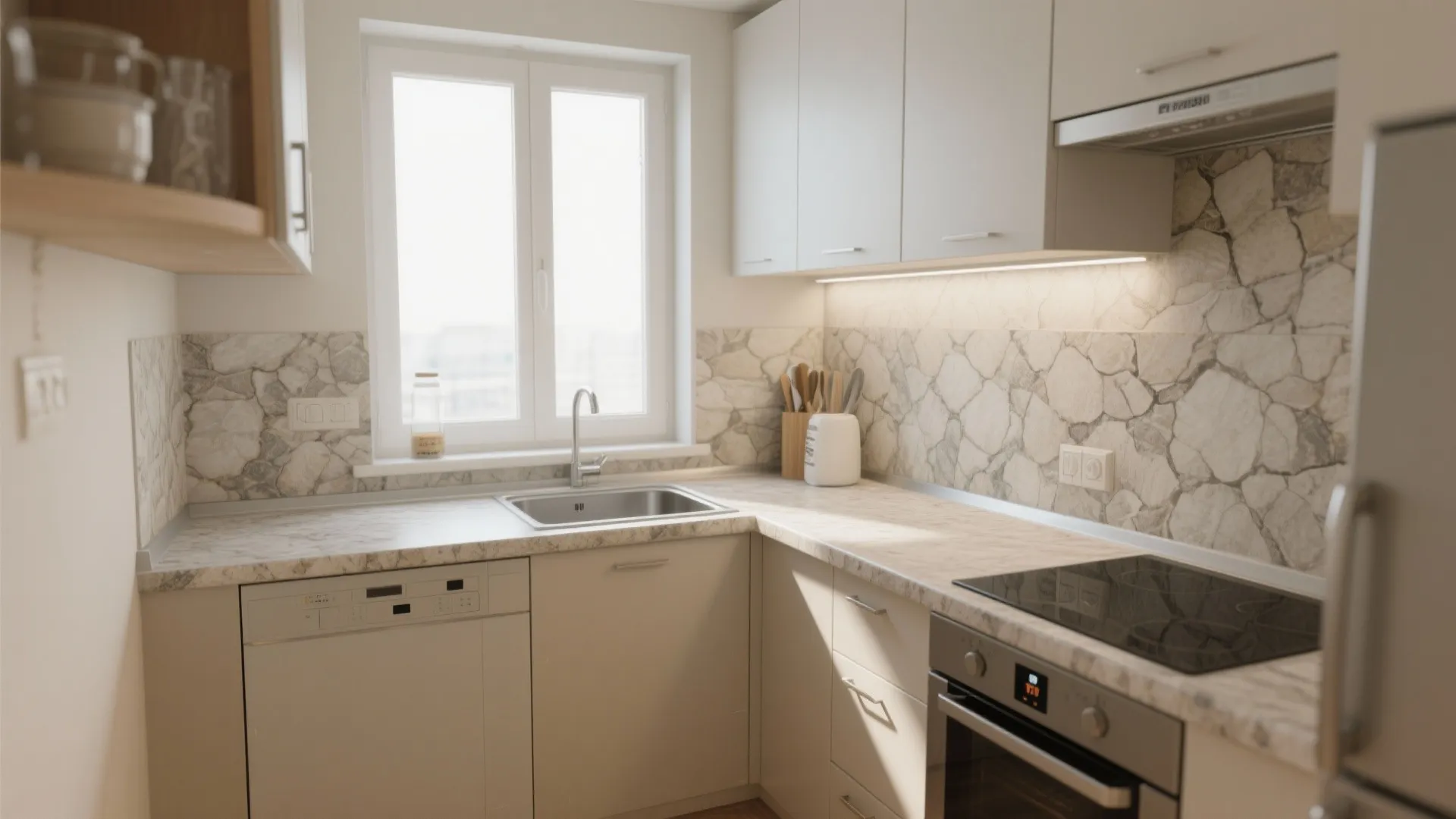 Compact L shaped kitchen design with white cabinets marble backsplash silver sink and black stove