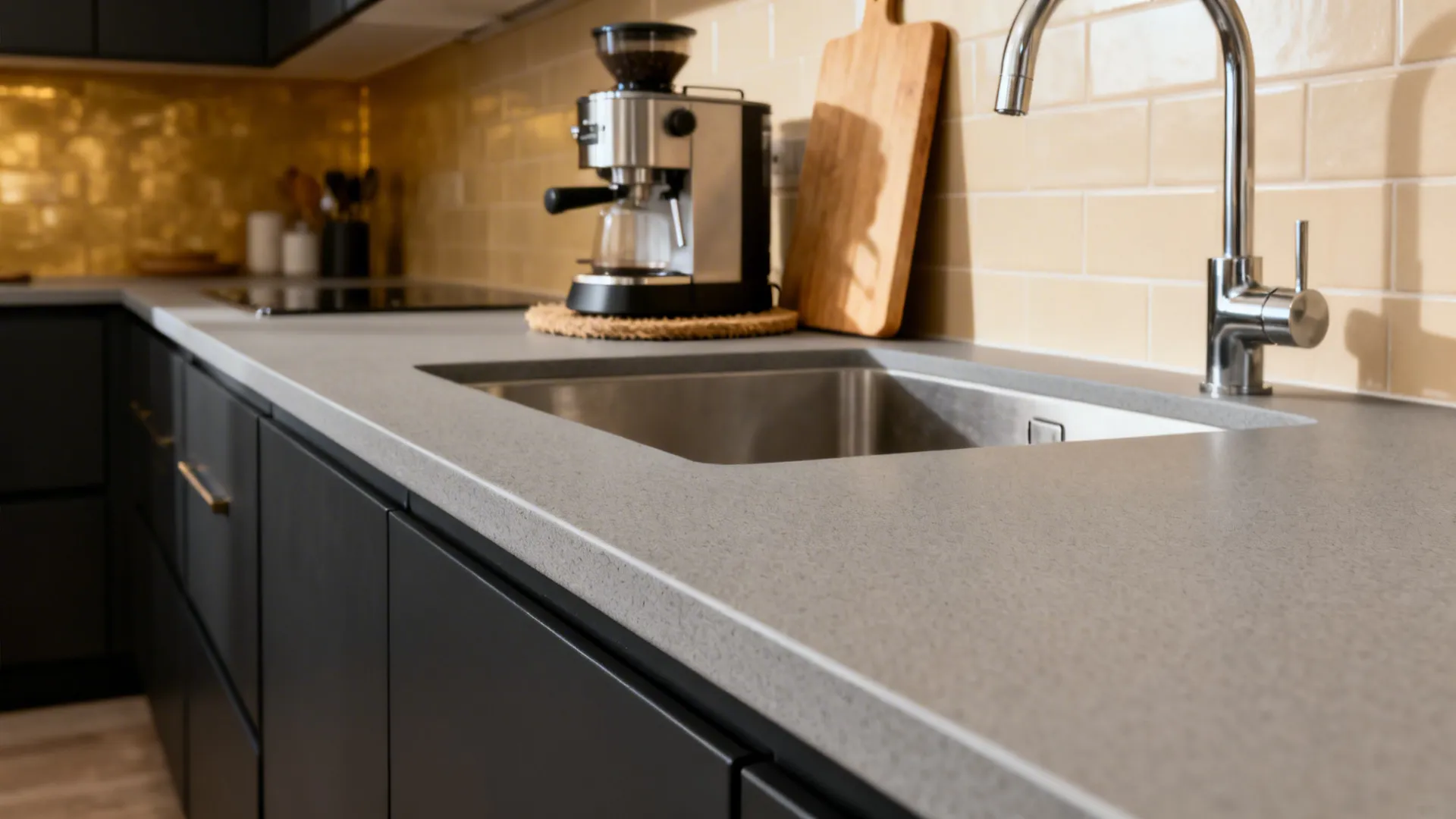 Modern kitchen interior with grey countertop sink silver faucet coffee machine and beige wall tiles