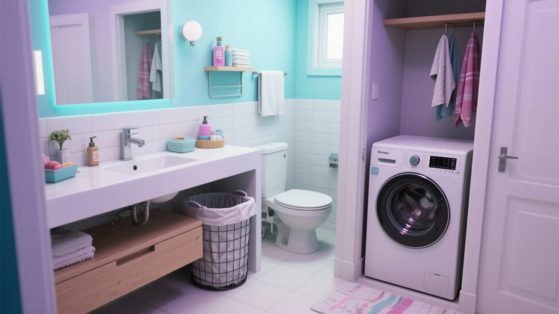 Modern bathroom and laundry room featuring a washing machine white toilet sink and teal walls