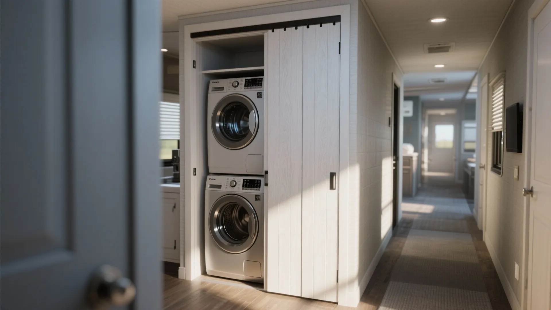 Stacked washing machine and dryer inside a small white closet with sliding doors and hallway