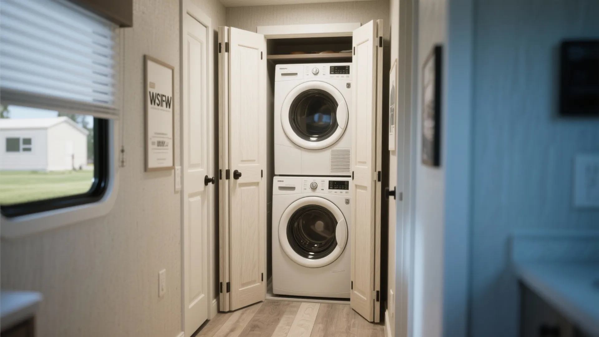 Stacked white washing machine and dryer inside a small closet with open white folding doors