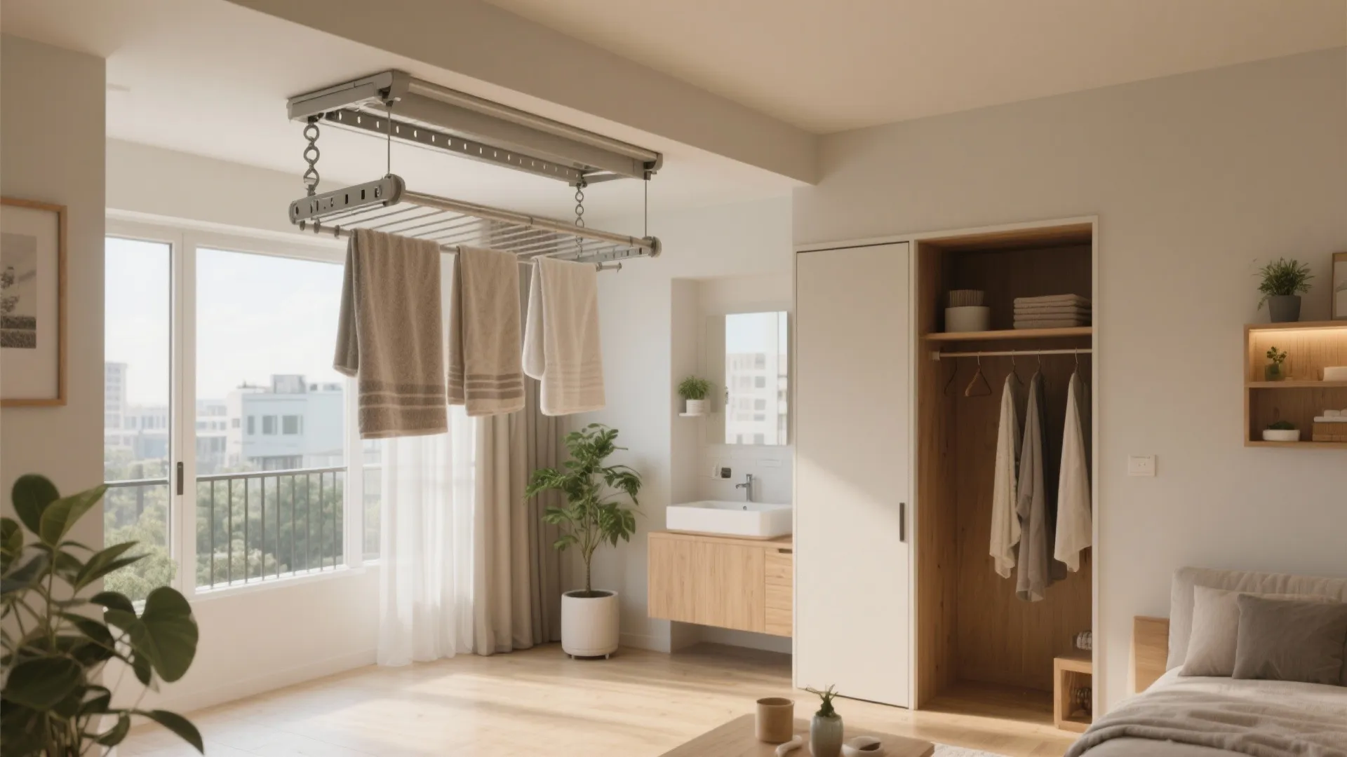 Modern room layout featuring a ceiling mounted drying rack with towels near a wooden cabinet