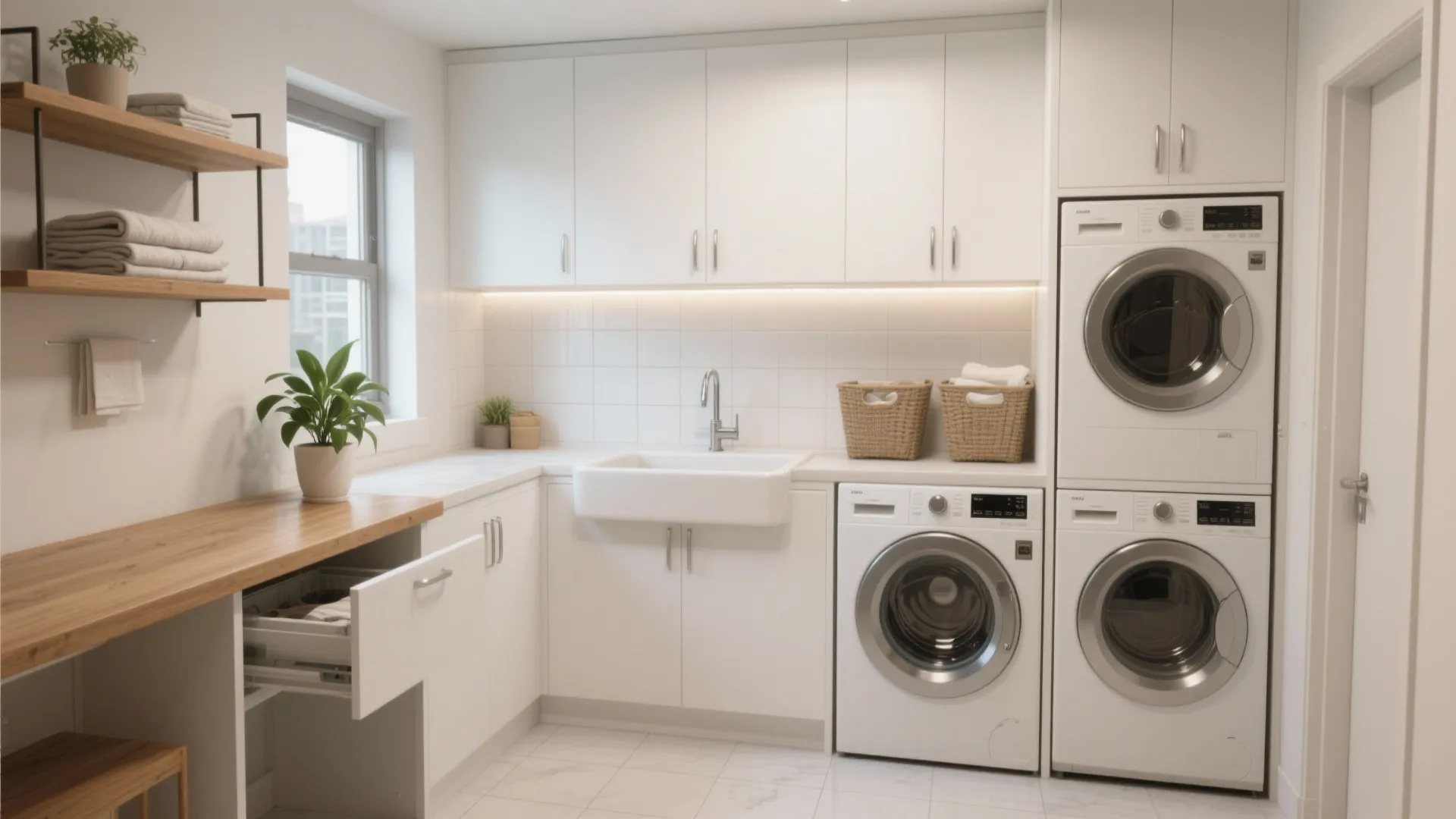Modern white laundry room with washing machine stacked dryer white cabinets sink and wood shelving