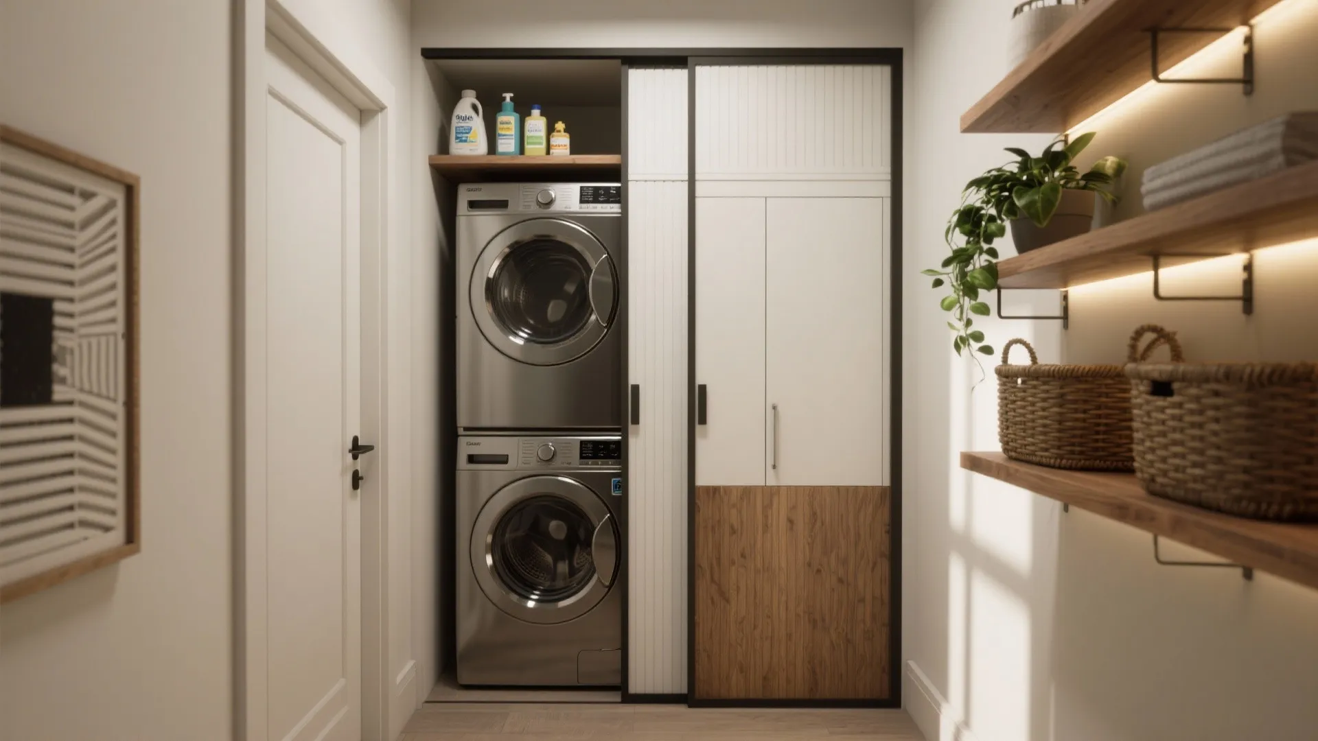 Small laundry area featuring stacked washing machines behind sliding doors and wooden wall storage shelves