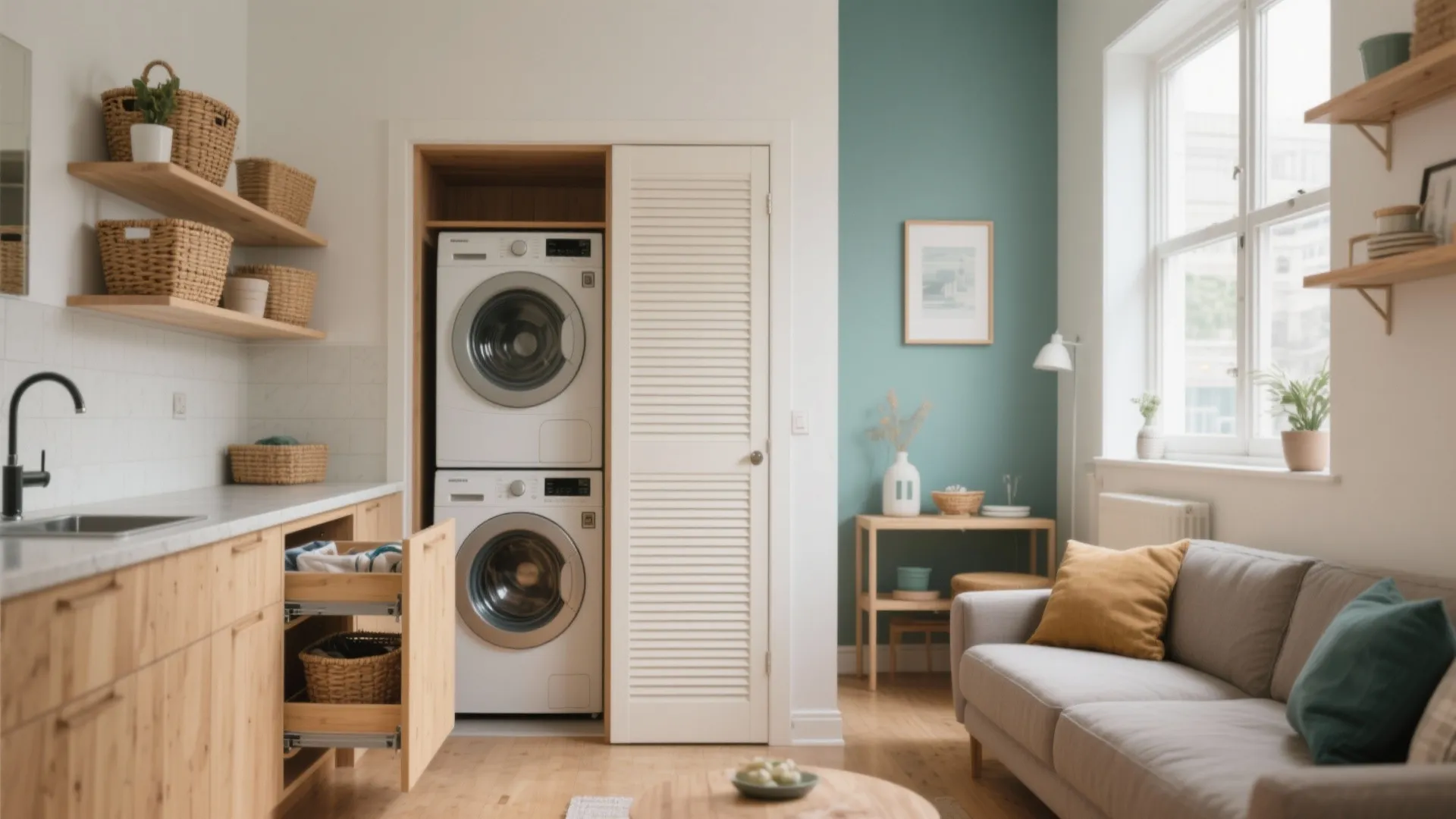 Small living room featuring stacked washing machine and dryer hidden inside a white closet door
