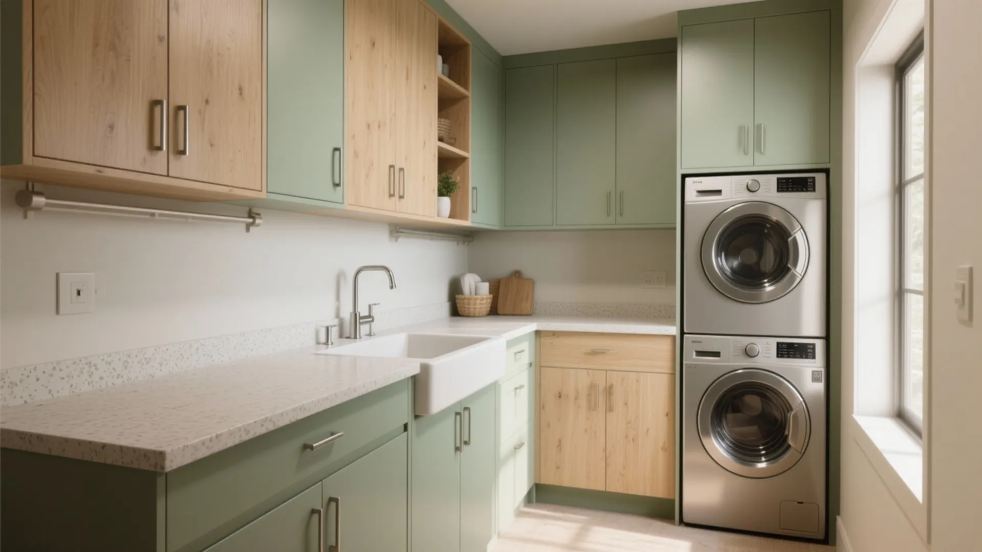 Green and wood laundry room with stacked washer dryer farmhouse sink stone countertop and wall cabinets
