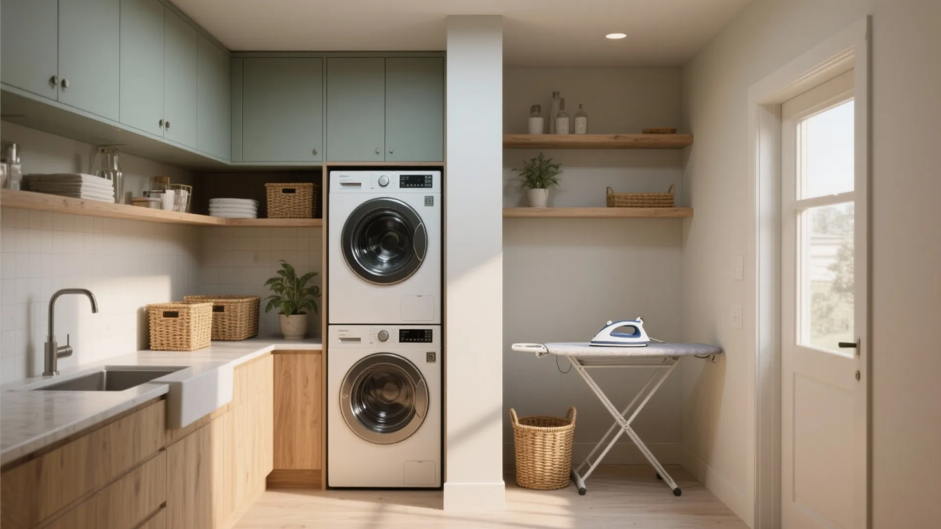 Modern laundry room with stacked washing machine and dryer next to cabinets and ironing board