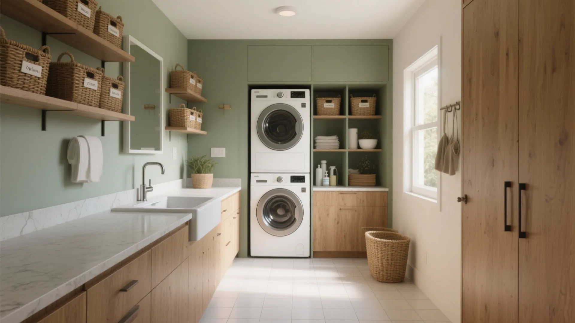 Modern green laundry room with stacked washing machines wooden cabinets woven baskets and large sink