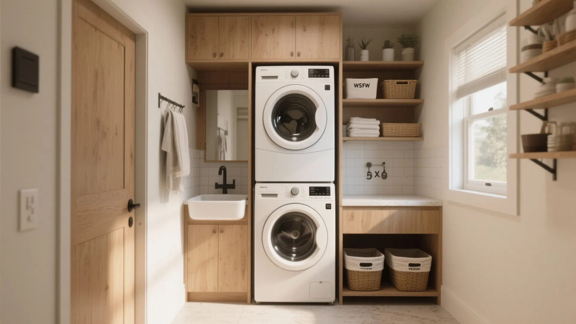 Modern laundry room featuring stacked white washing machine and dryer with wooden cabinets and sink