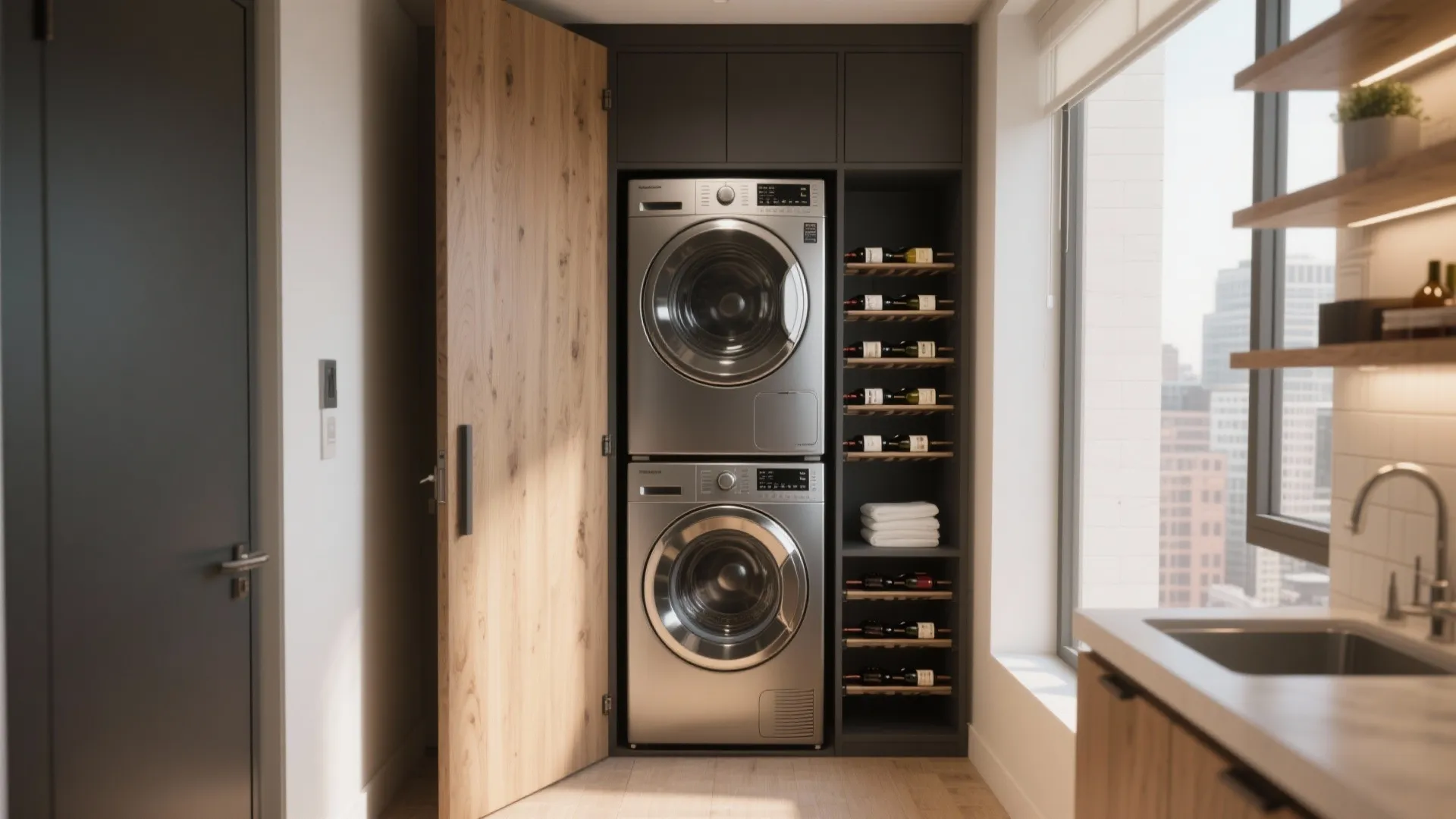 Compact laundry closet with stacked silver washing machines and wooden door beside dark kitchen wine rack