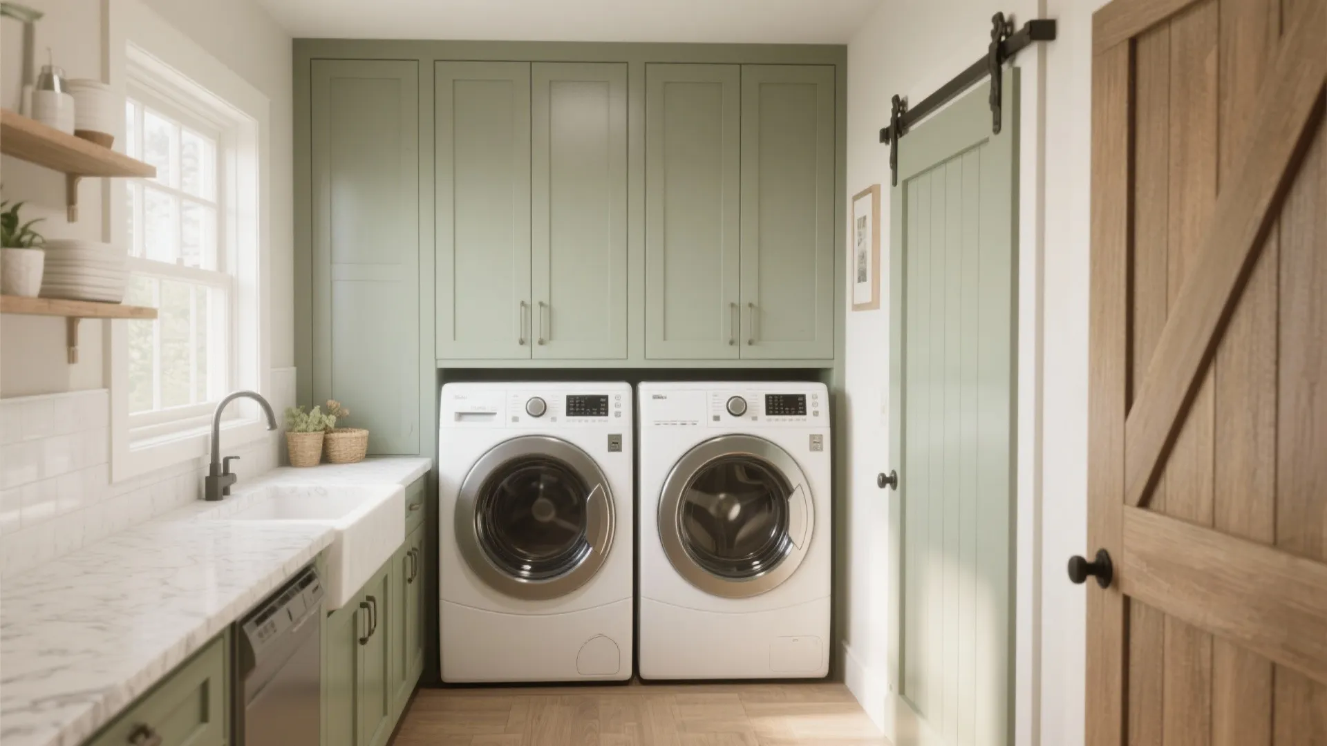 Interior design of laundry room with green cabinets side by side washing machines and sliding door