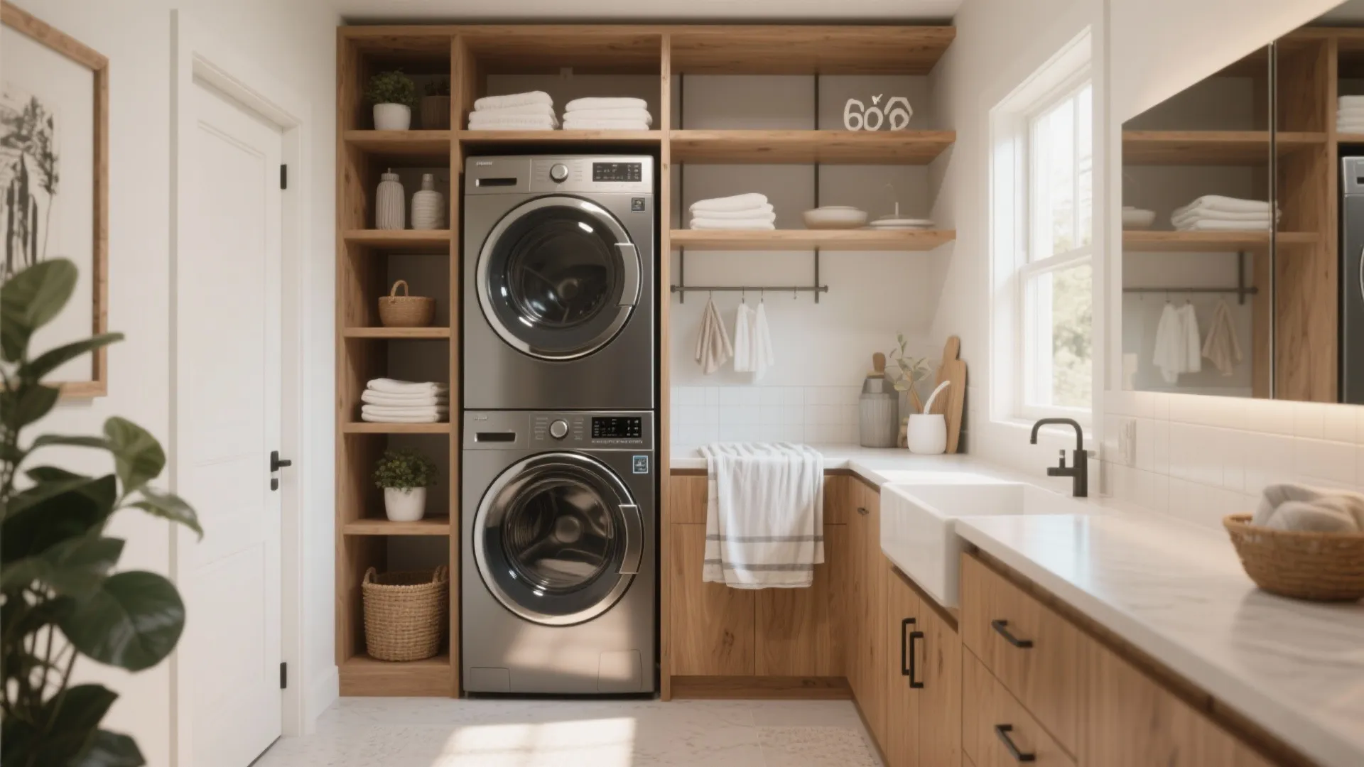 Modern laundry room with stacked silver machines wooden cabinets white sink and many storage shelves