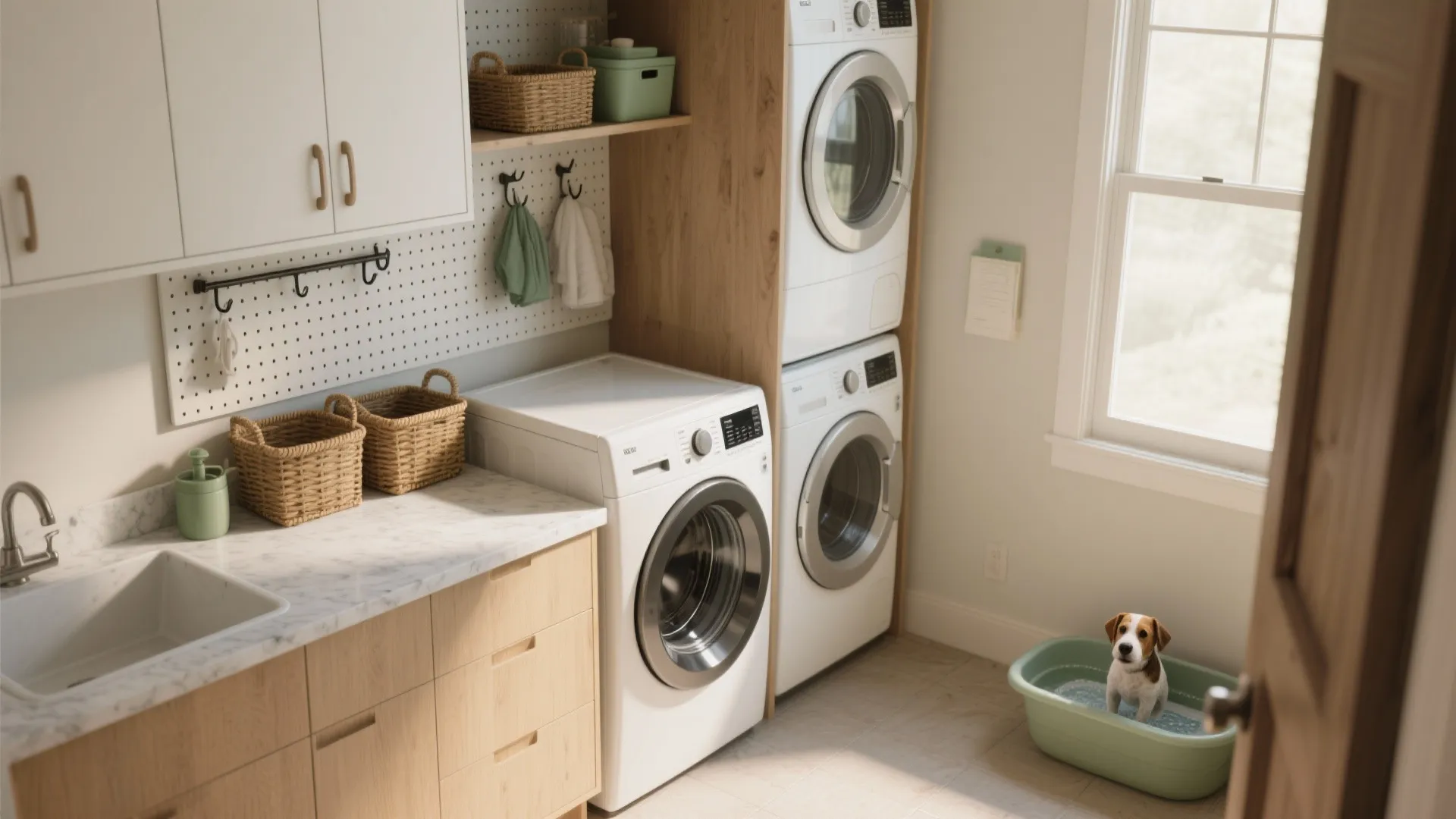 Bright laundry room featuring white washing machines and wooden cabinets next to a small dog