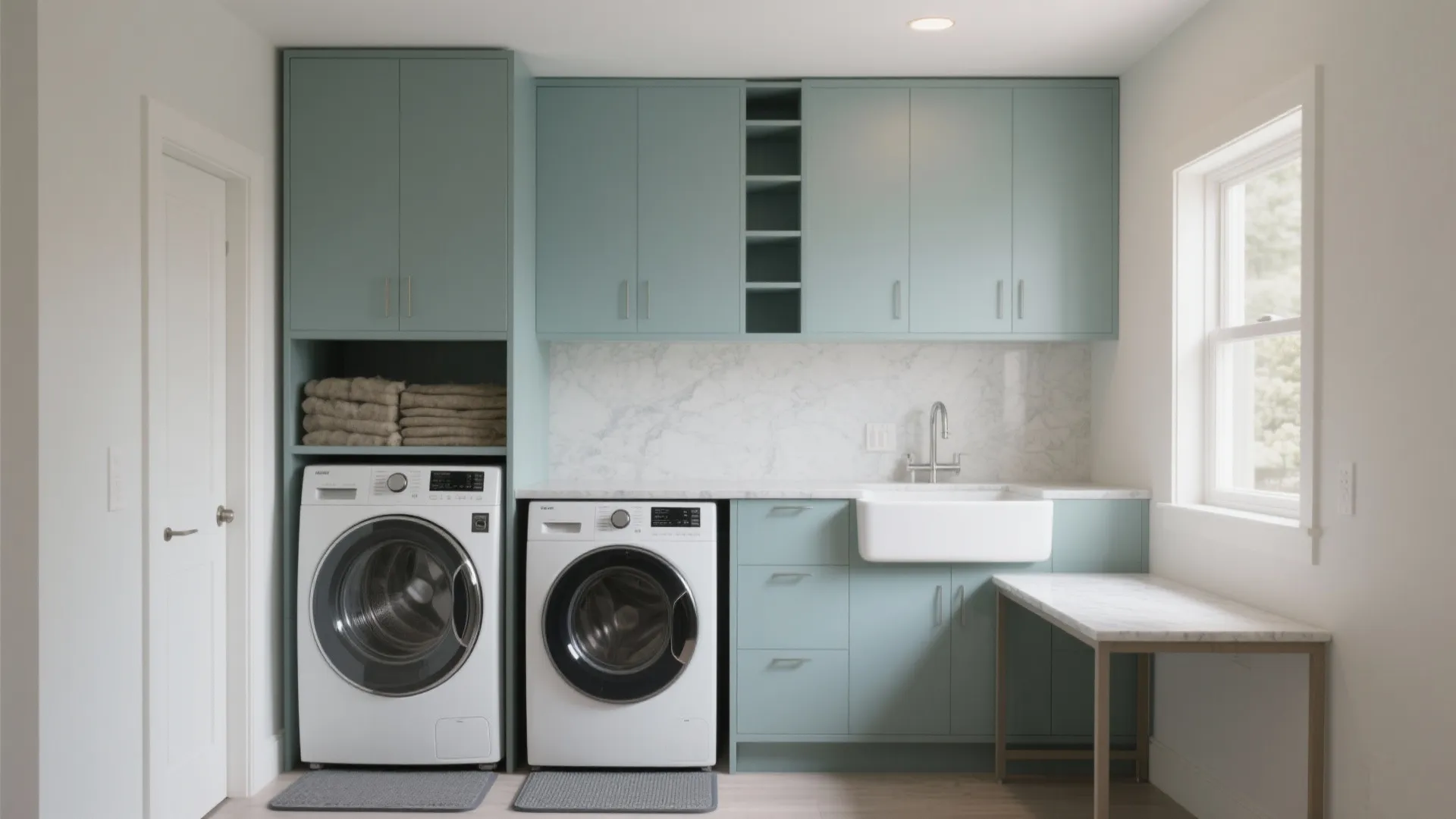 Modern laundry room featuring blue green cabinets white washing machines marble backsplash and a small sink