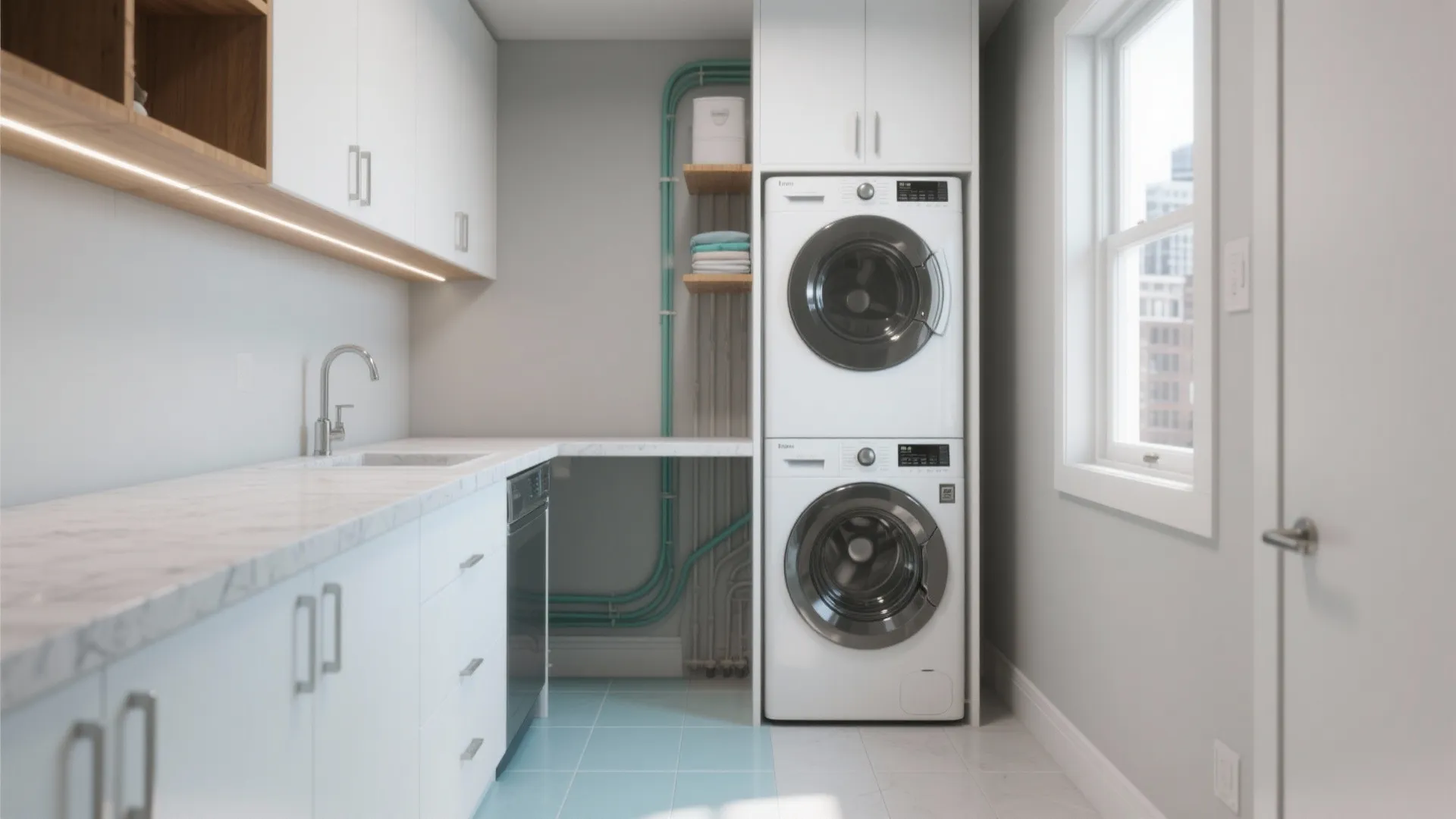Modern compact laundry room featuring white cabinets marble countertop and a stacked washing machine dryer