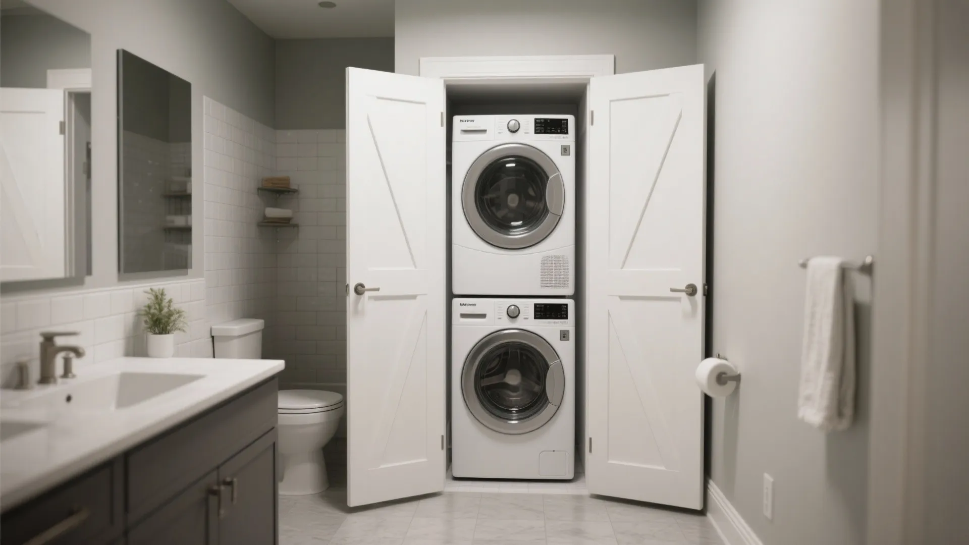 Stacked white washer and dryer hidden inside a bathroom closet with white barn style doors