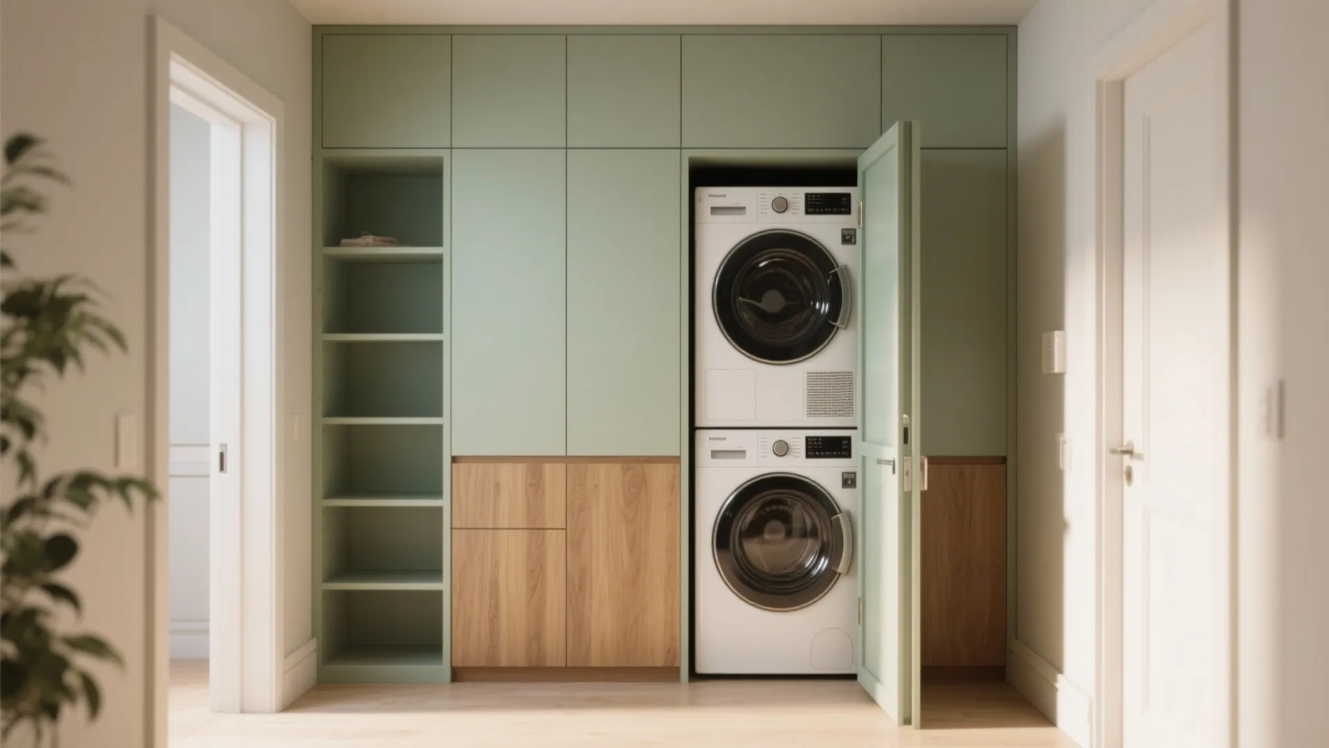 Modern laundry nook featuring stacked washer and dryer inside light green cabinets with open shelves