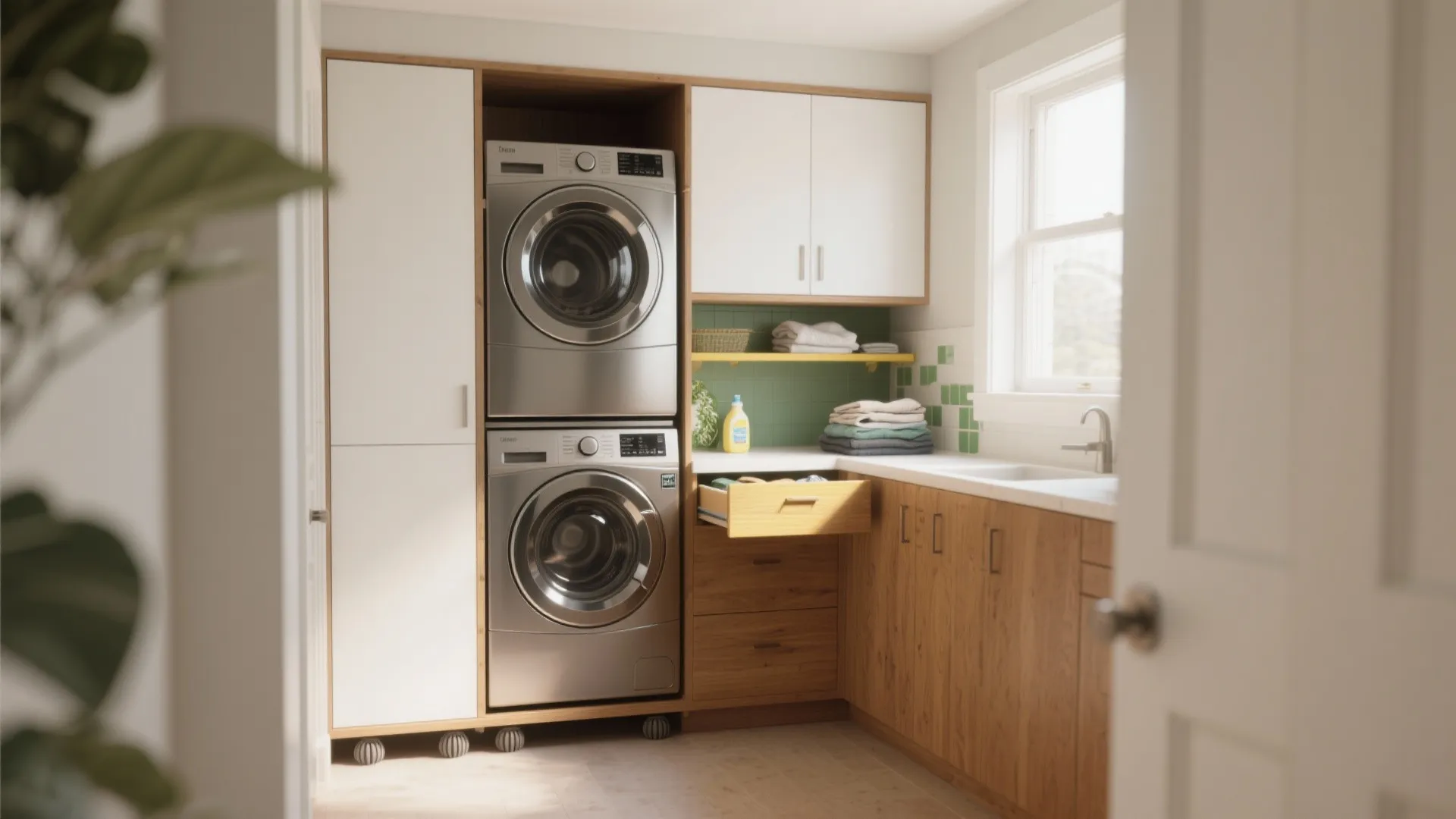 Compact laundry nook with stacked silver washing machine and dryer plus wooden cabinets and white countertop