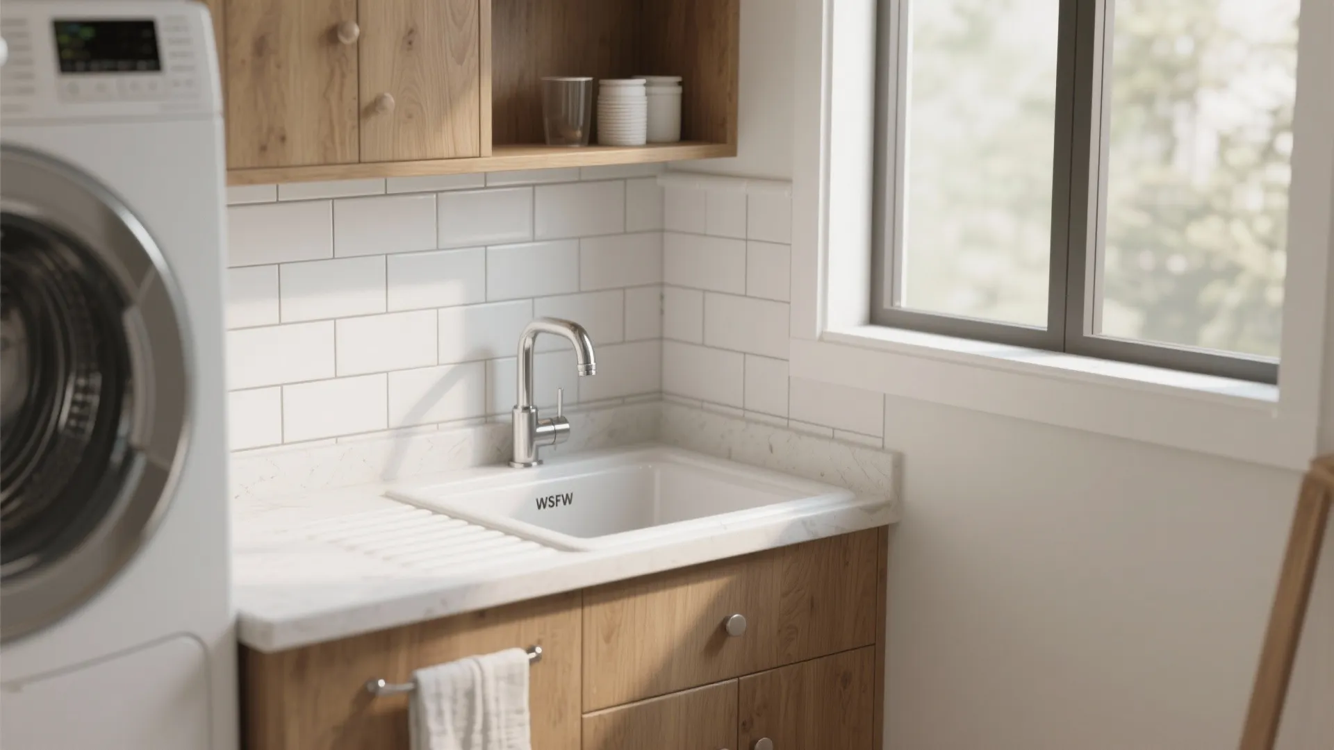 Modern laundry room with white sink marble countertop wooden cabinets white tile walls and washing machine