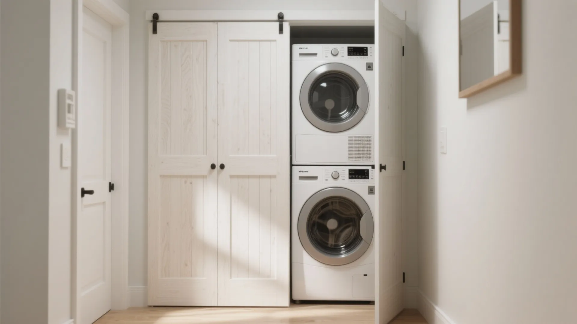 Stacked white washing machine and dryer inside a small laundry closet with sliding wooden doors