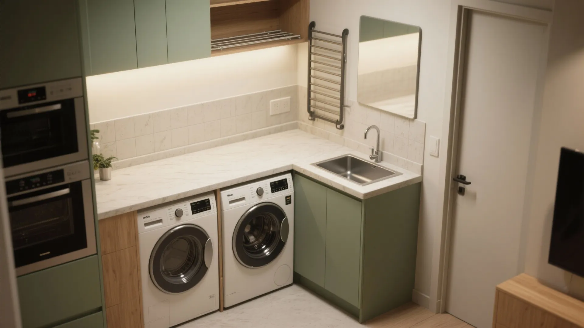 Compact laundry room with green cabinets two washing machines white marble countertop sink and mirror