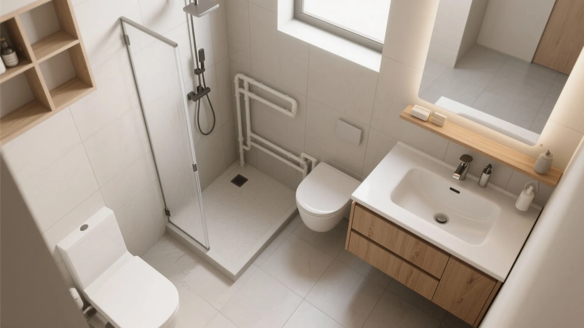 Top view of a small bathroom featuring a shower stall toilet wooden sink cabinet and mirror