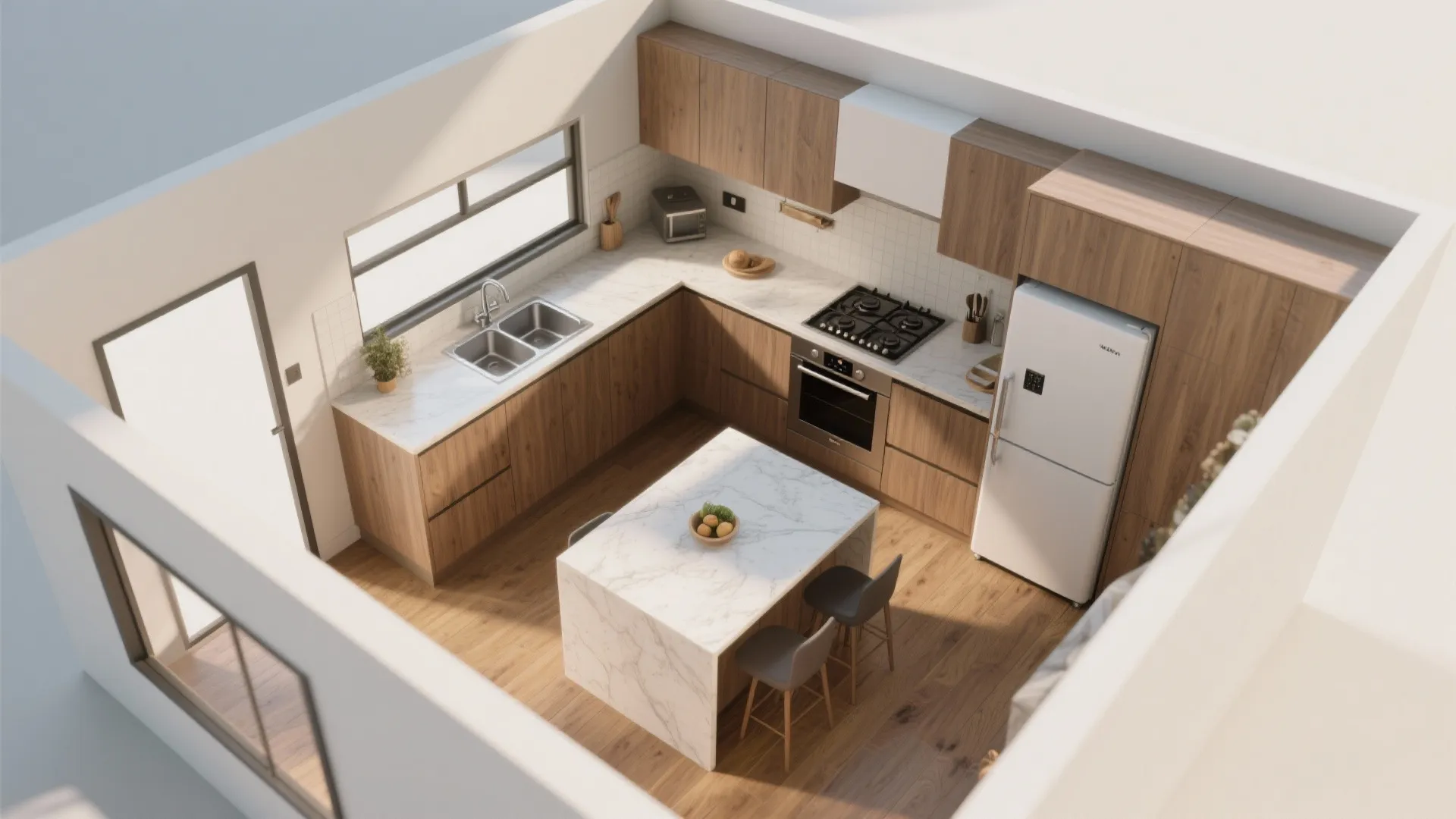 Interior design drawing of a modern kitchen with wood cabinets marble island and white fridge