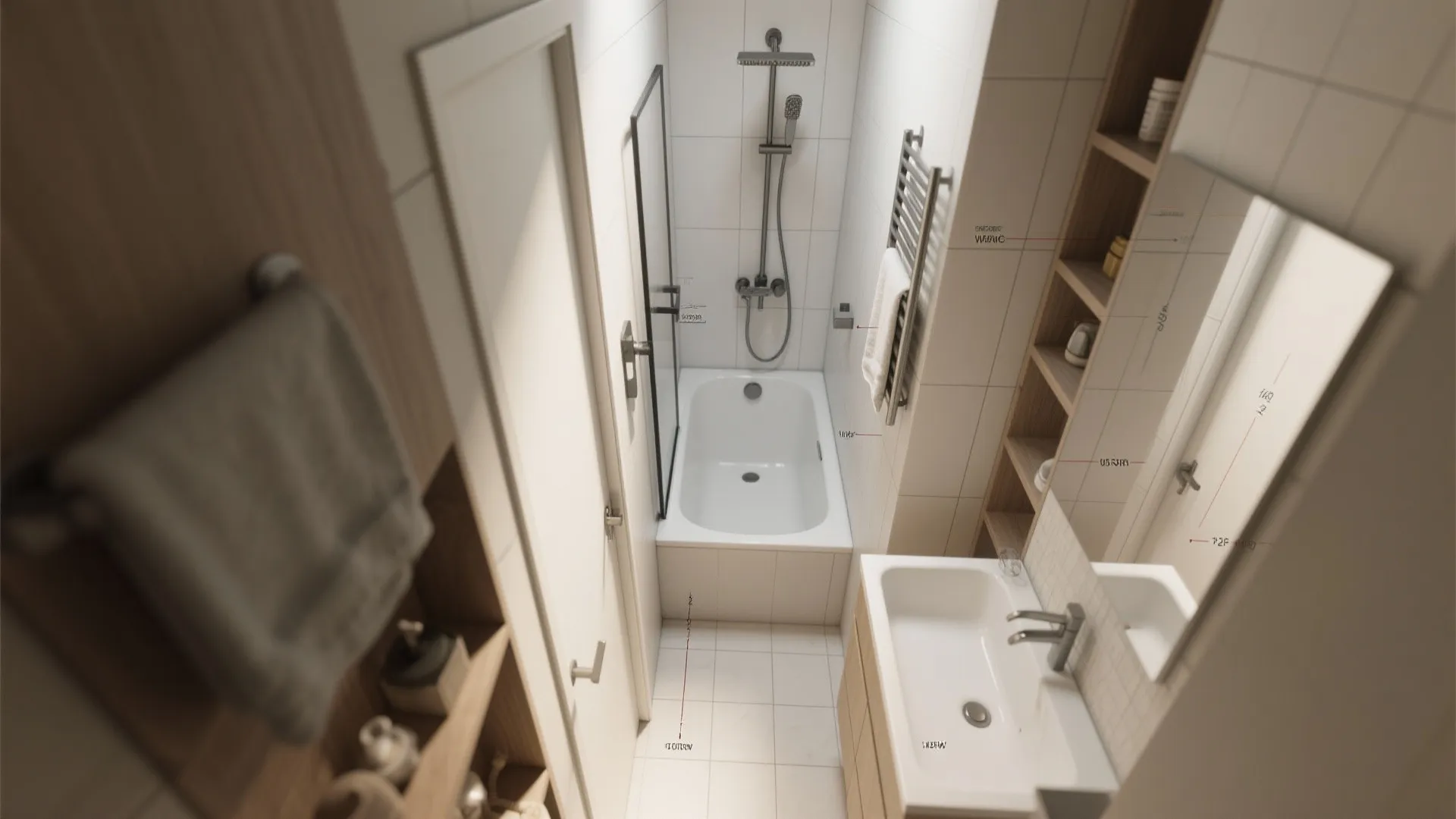Top view of a narrow bathroom with small white bathtub sink wooden shelves and floor tiles