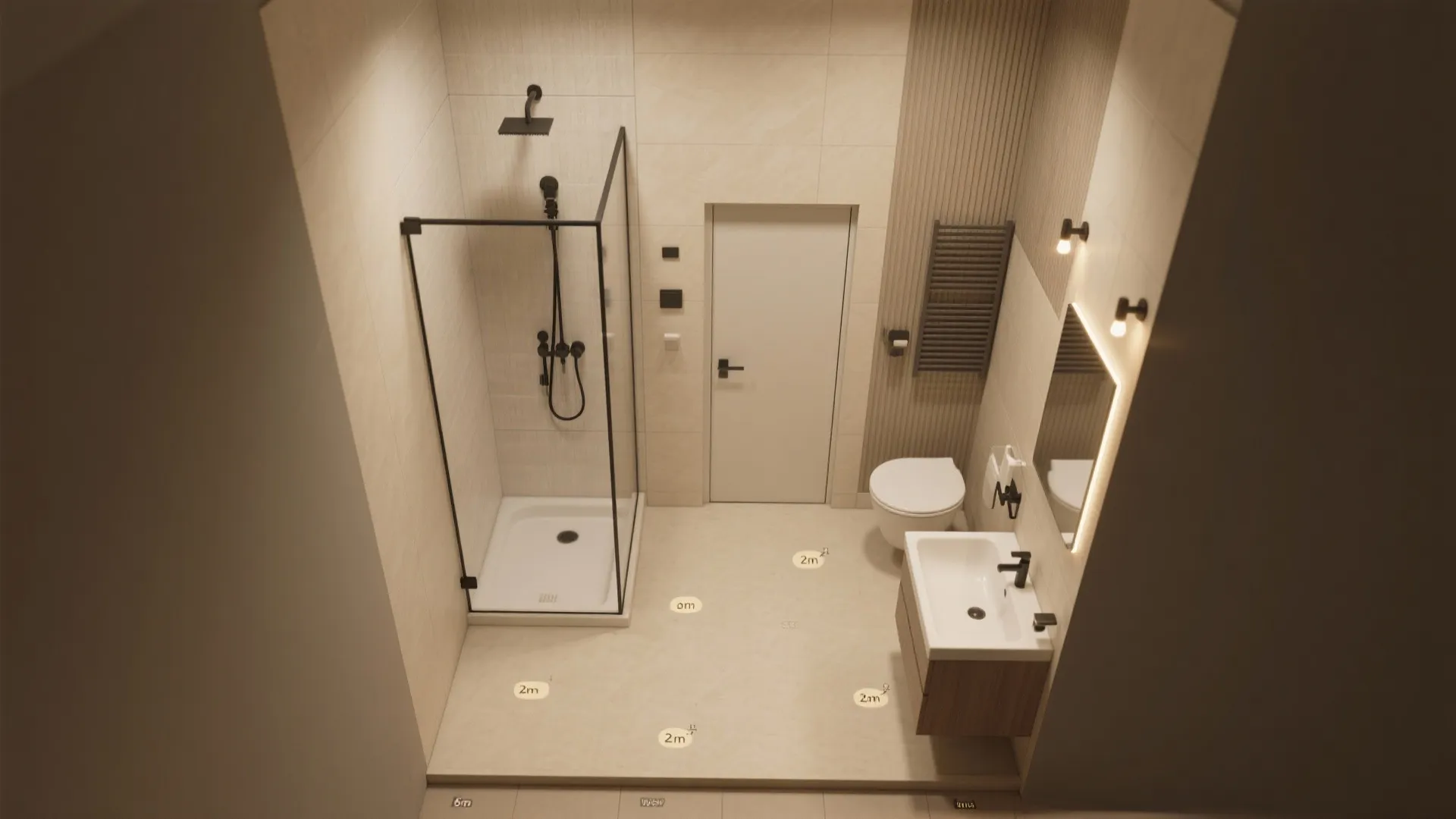 Illustrated compact 2m x 2m bathroom plan showing layout options, door types, and ventilation.