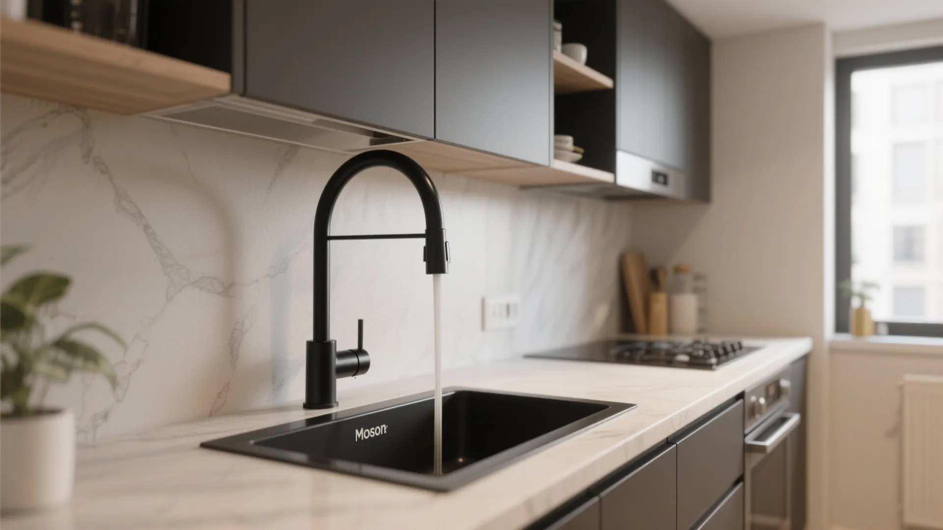 Modern kitchen with black sink faucet running water marble wall and dark grey storage cabinets