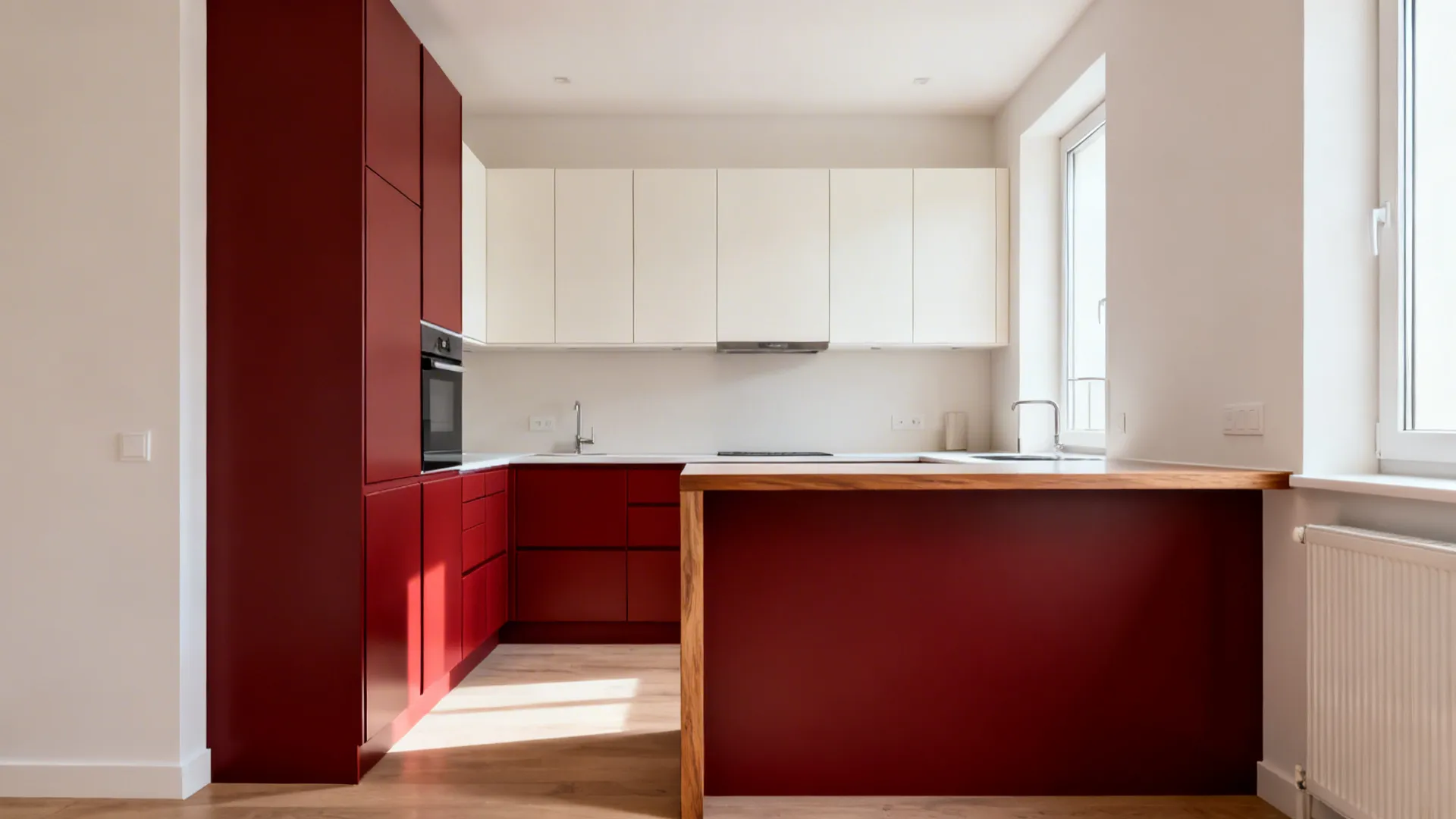 Compact L-shaped kitchen in cherry red with clear circulation and grouped tall units.