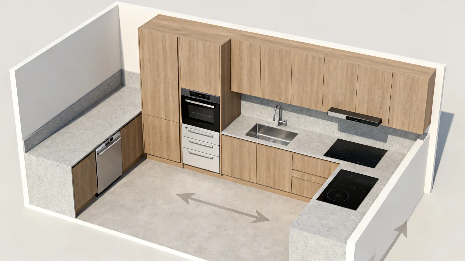 Top-down plan showing L-shaped counter and tall appliance wall with grouped built-ins and clear prep zones.
