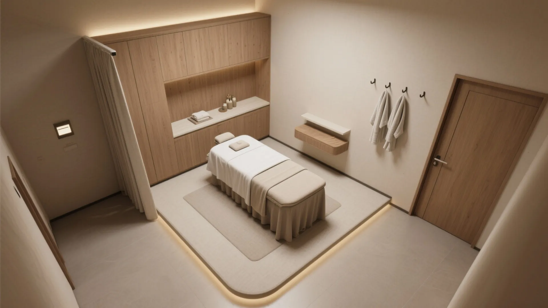 Top view of a minimalist massage room layout with wooden cabinets and a white bed