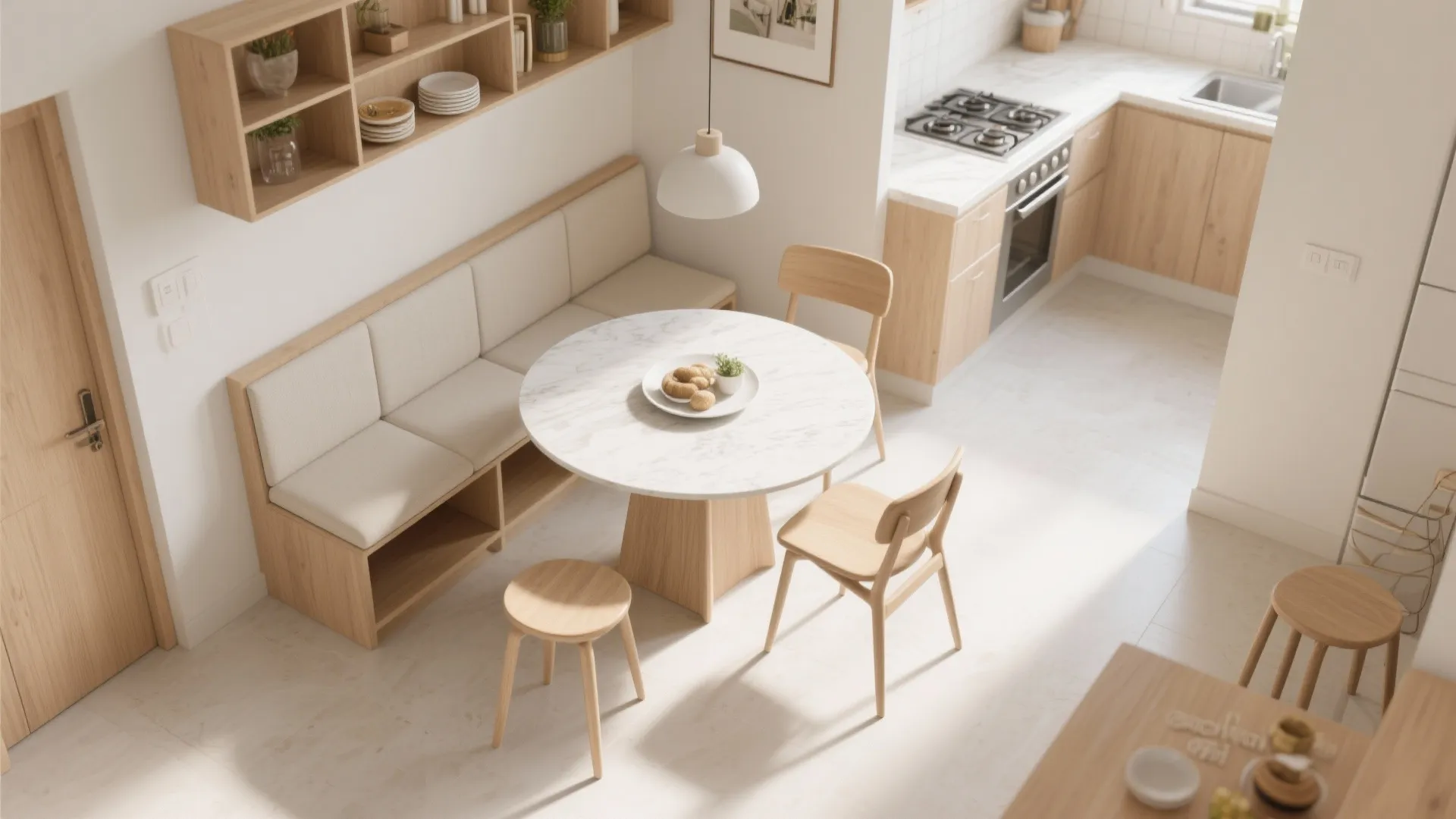 Top view of a small kitchen and dining area with marble table and wooden bench