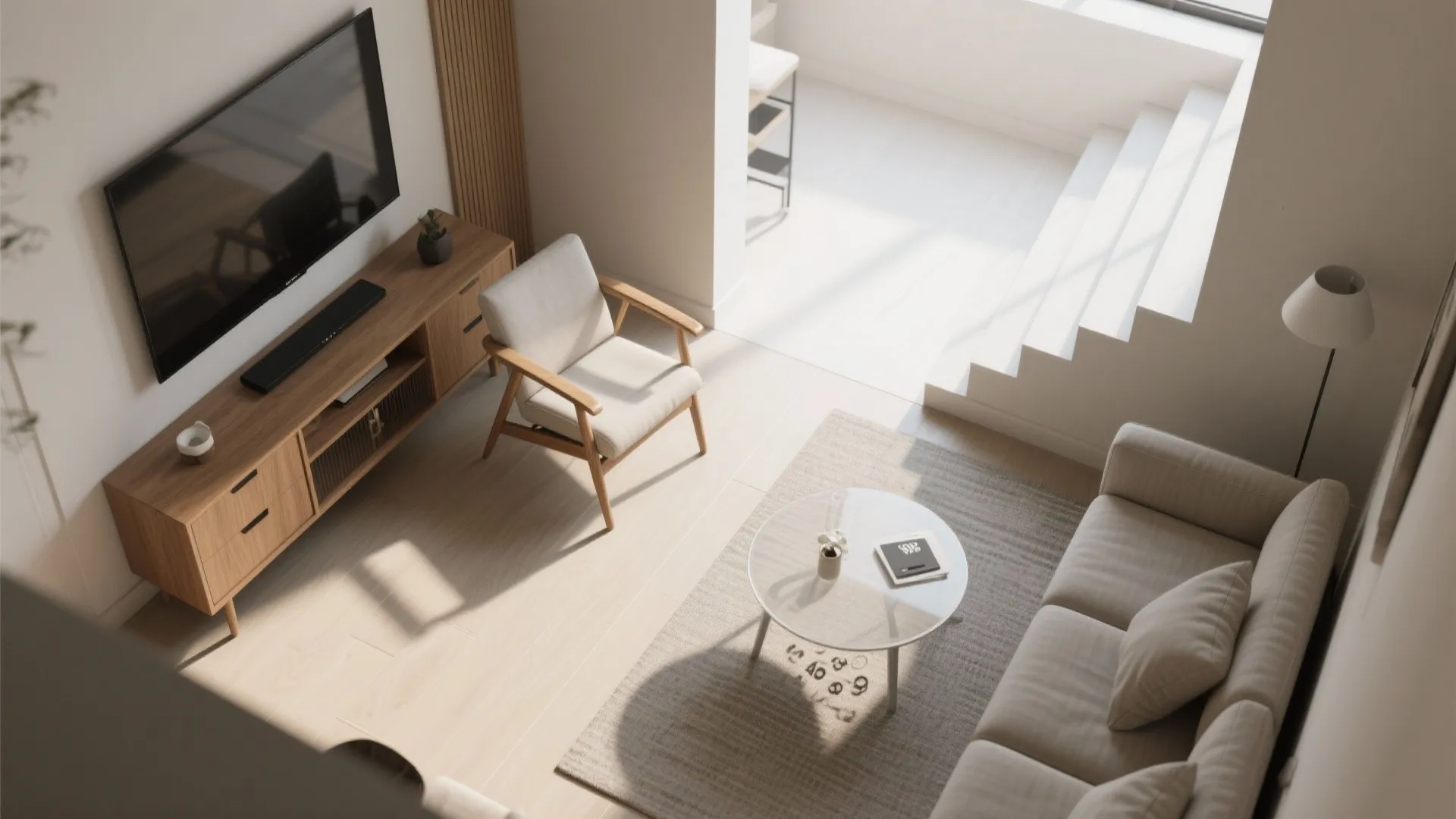 Top-down view of a small living room layout showing a compact accent chair and clear walkways.
