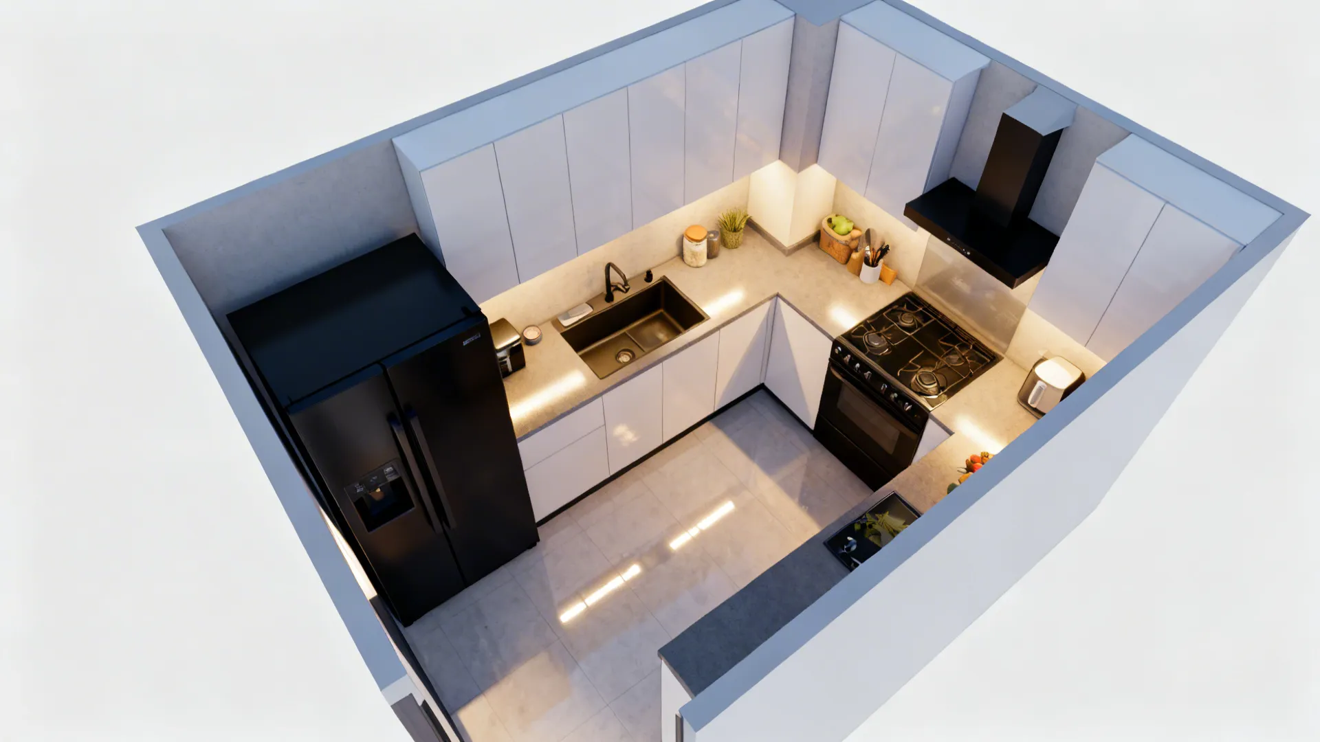 Top-down compact kitchen plan showing black appliance placement and clear prep zones.