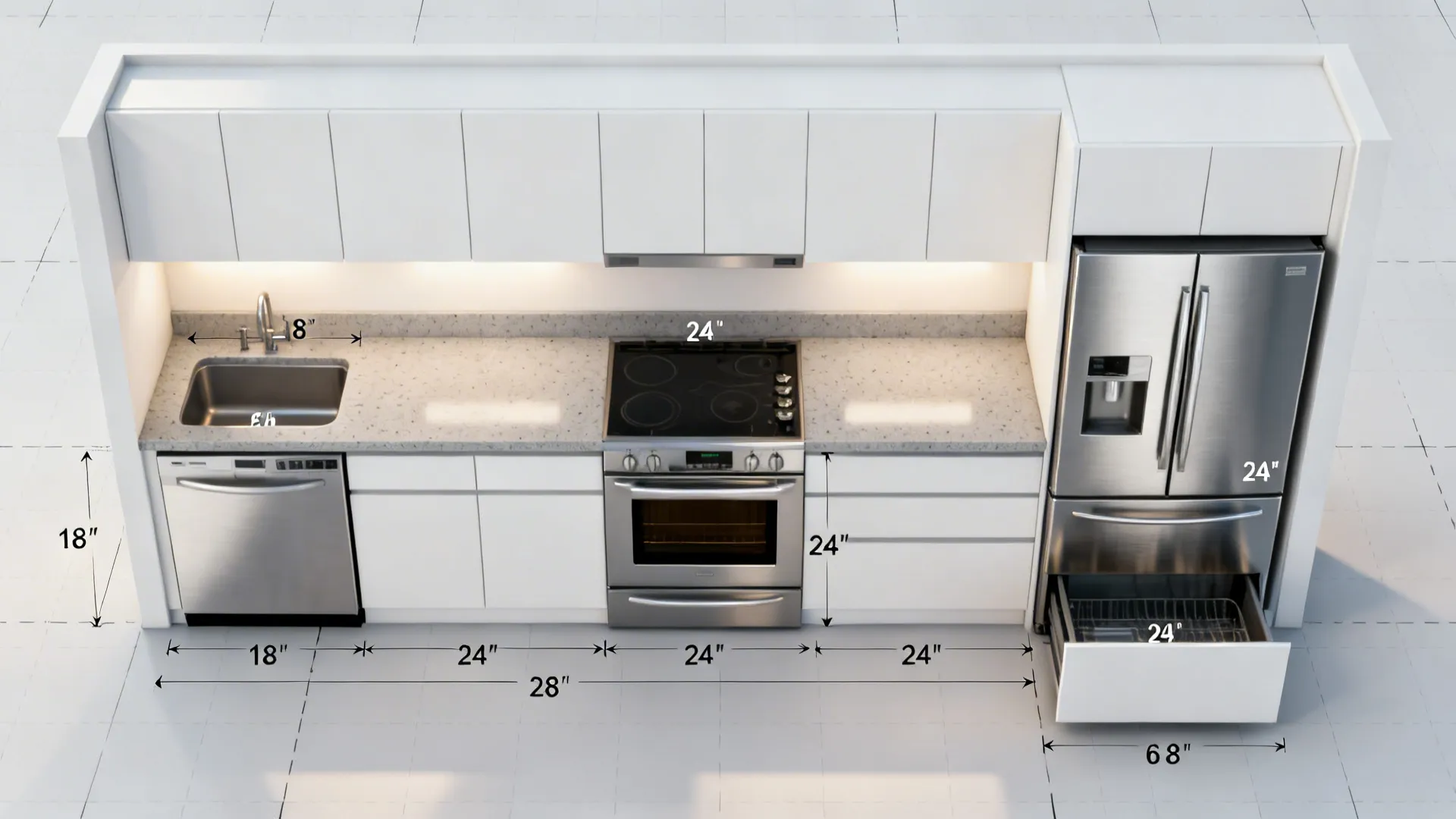 Top-down view of a compact kitchen layout with clearances for slim oven, dishwasher, and drawer fridge.