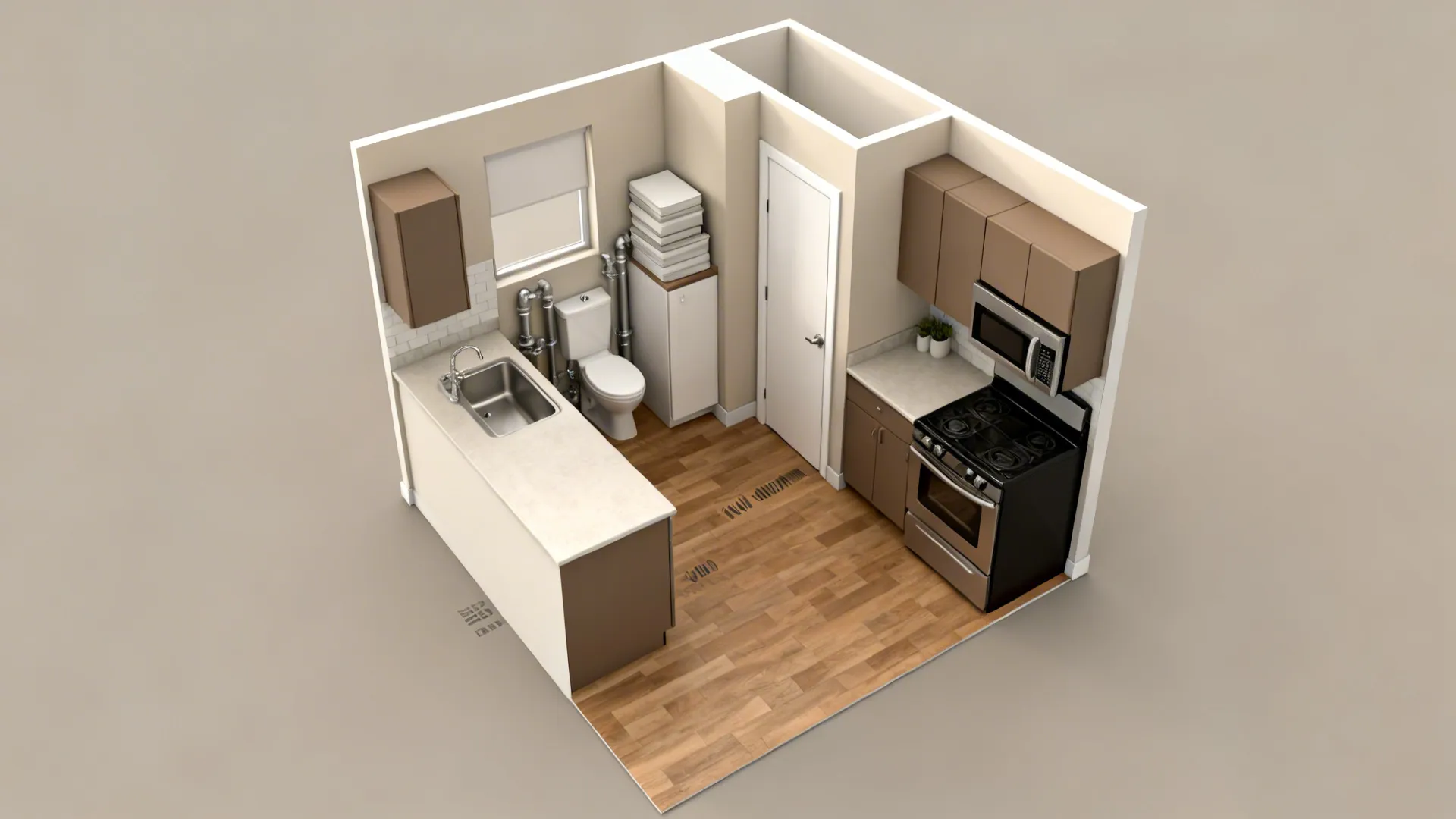 Top-down view of compact L-shaped kitchen and bath with pocket door and efficient clearances.