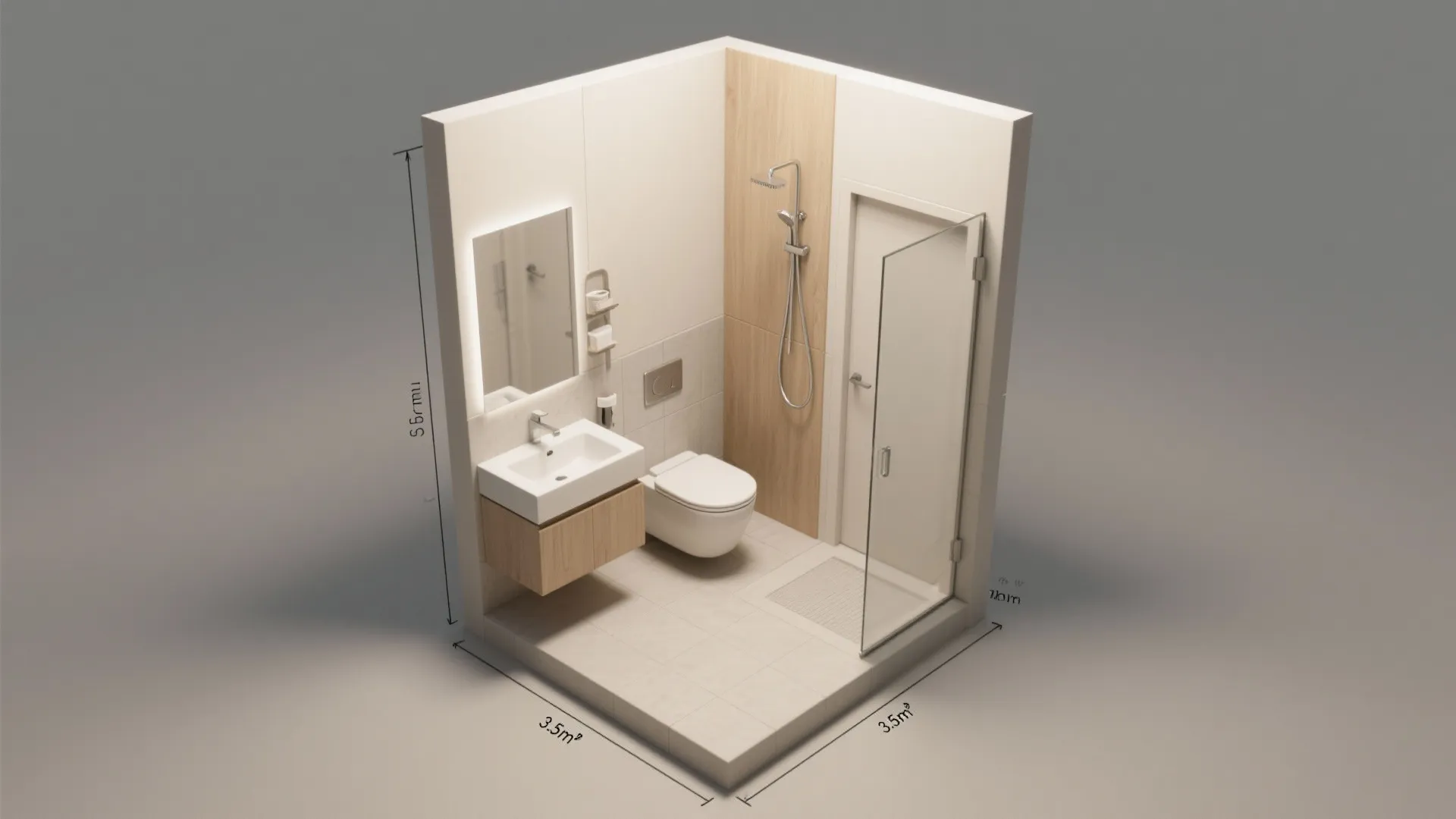 Small 3D bathroom room layout with white sink wood cabinet toilet glass shower and dimensions